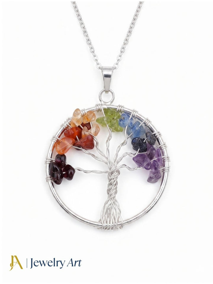 Artistic Handcrafted Silver plated Multi Color Rough Semi Precious Stones- Wire Wrapped Tree Designer Pendant