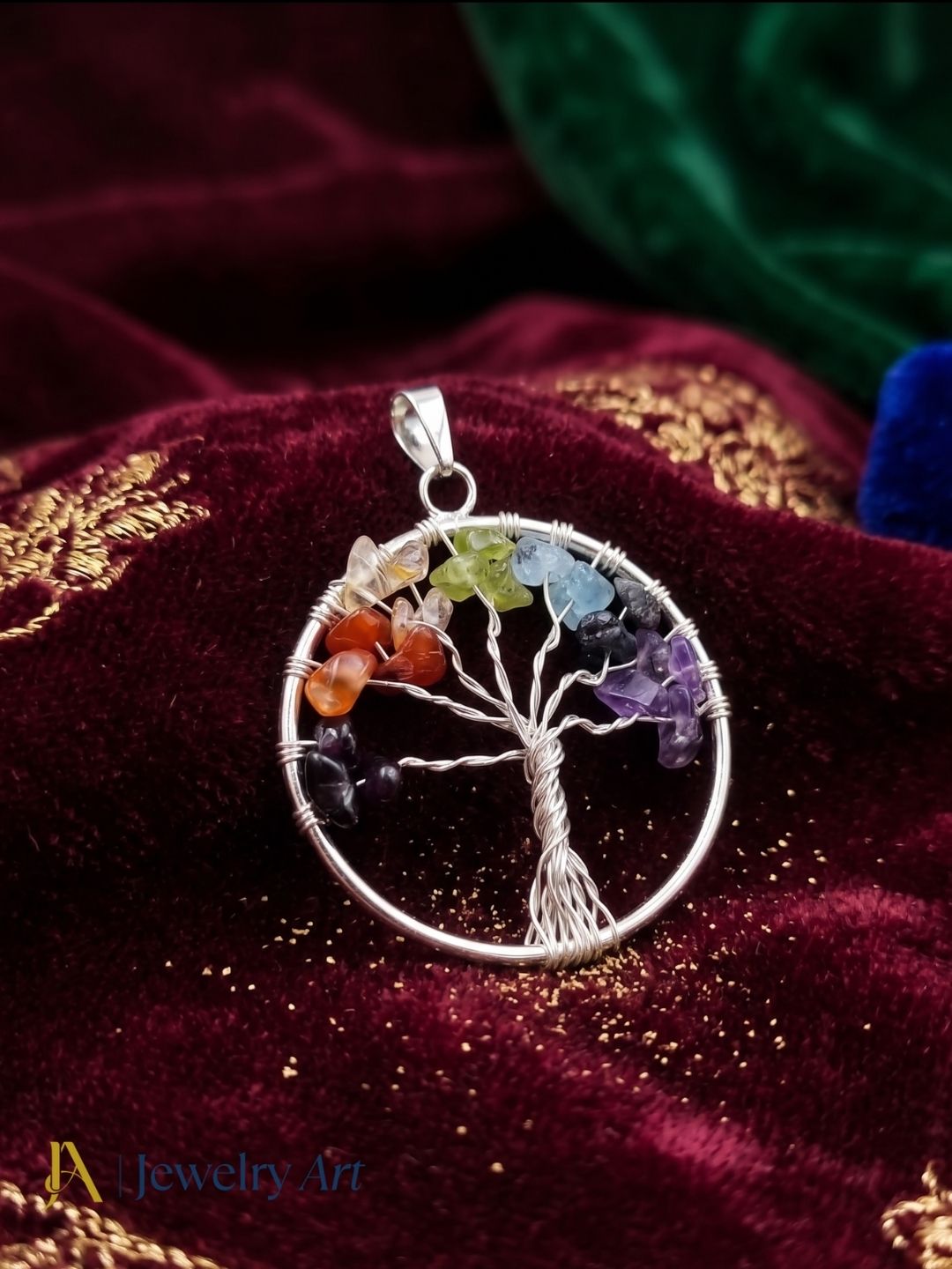 Artistic Handcrafted Silver plated Multi Color Rough Semi Precious Stones- Wire Wrapped Tree Designer Pendant