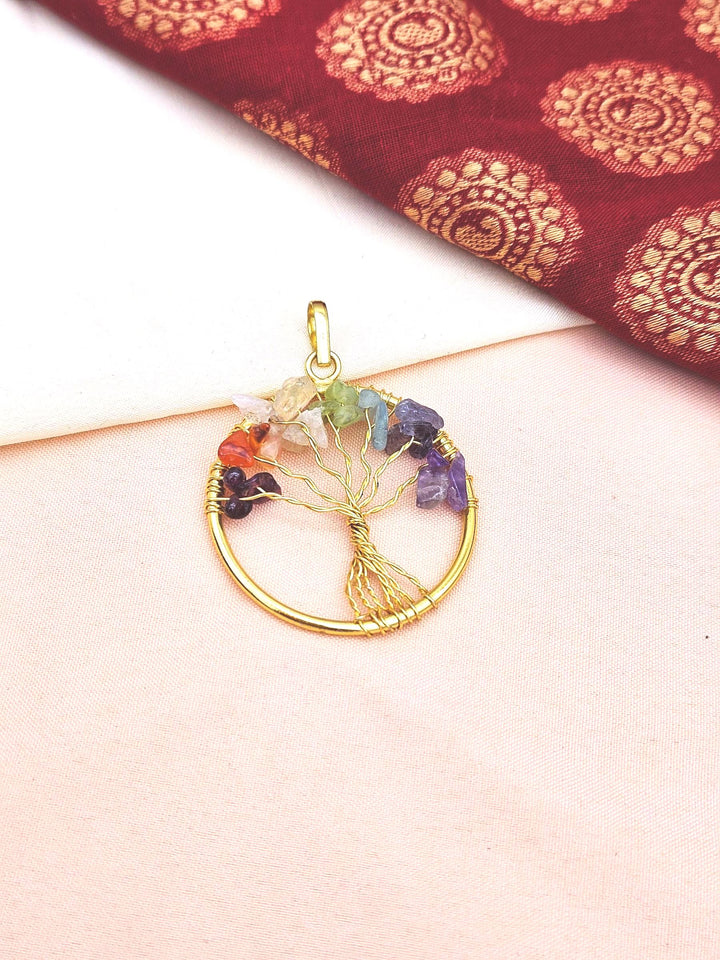 Artistic Handcrafted Gold / Silver plated Multi Color Rough Semi Precious Stones- Wire Wrapped Tree Designer Pendant