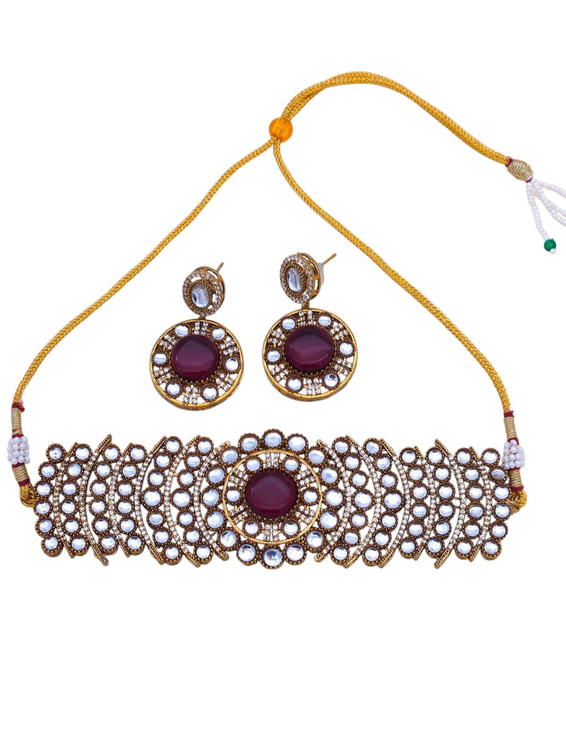 Stylish antique gold-plated choker necklace and earrings – perfect for festive nights and party occasions
