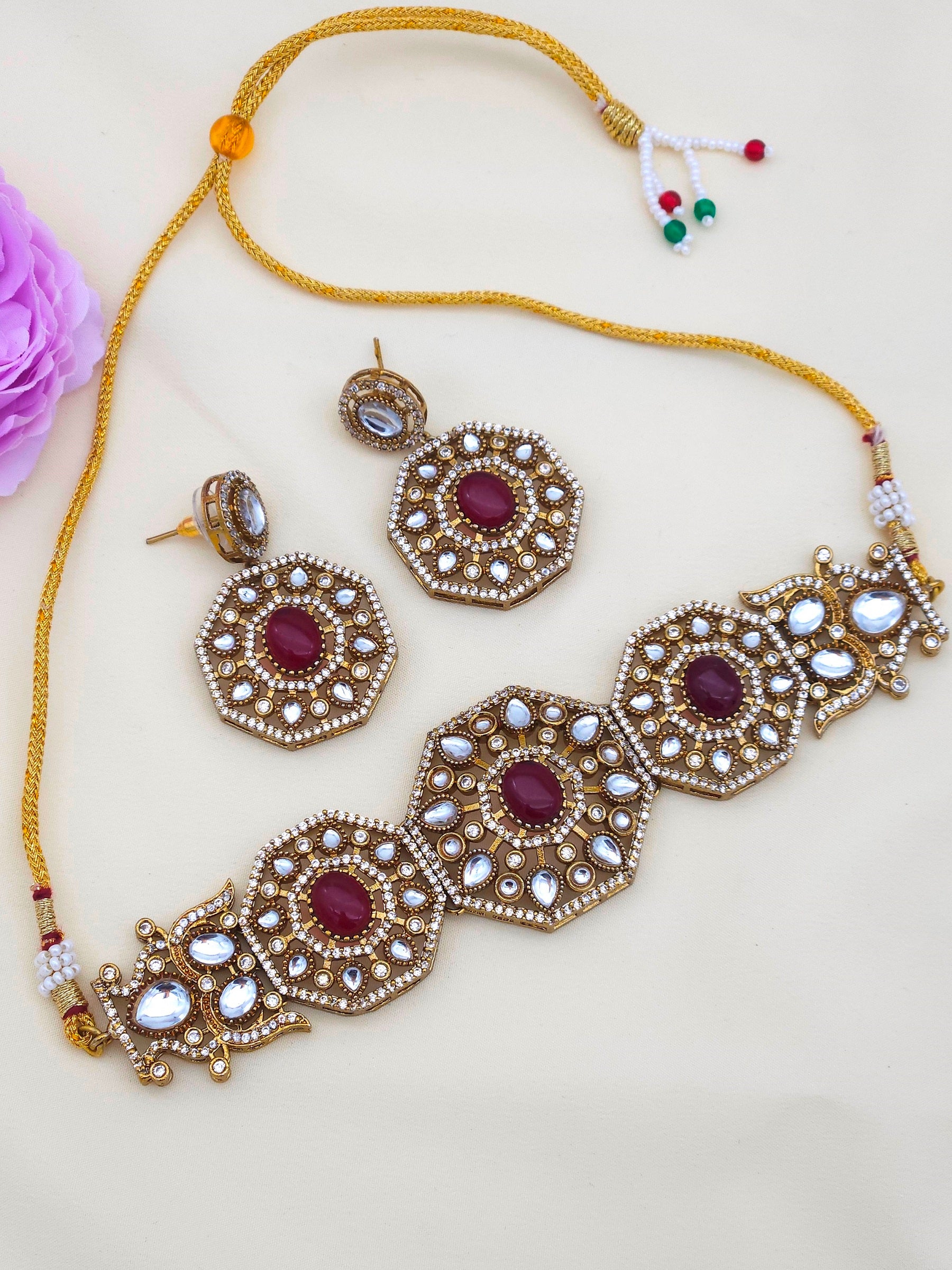 Gorgeous antique gold plated designer choker necklace-earring set – elegant jewellery for women
