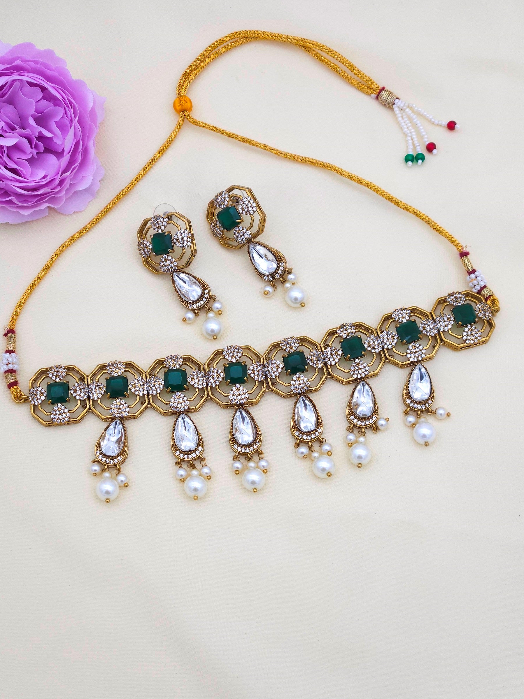 Amazing antique gold designer choker set with earrings – women’s party wear jewelry in a beautiful finish

