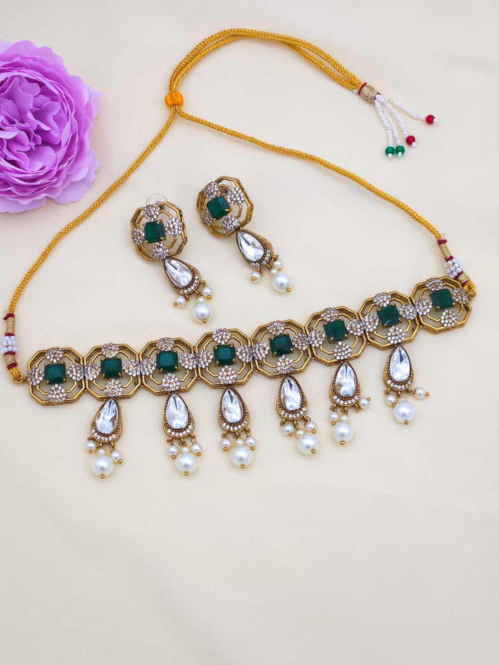 Amazing antique gold designer choker set with earrings – women’s party wear jewelry in a beautiful finish

