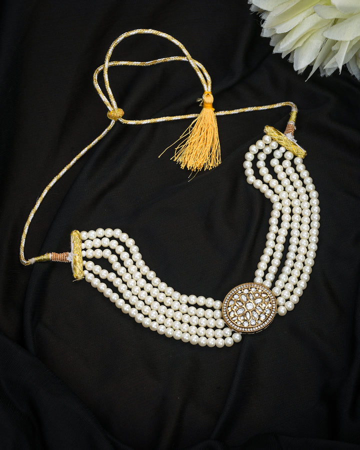 Designer antique gold choker necklace featuring synthetic Polki, pearls, and AD stones – festive wear
