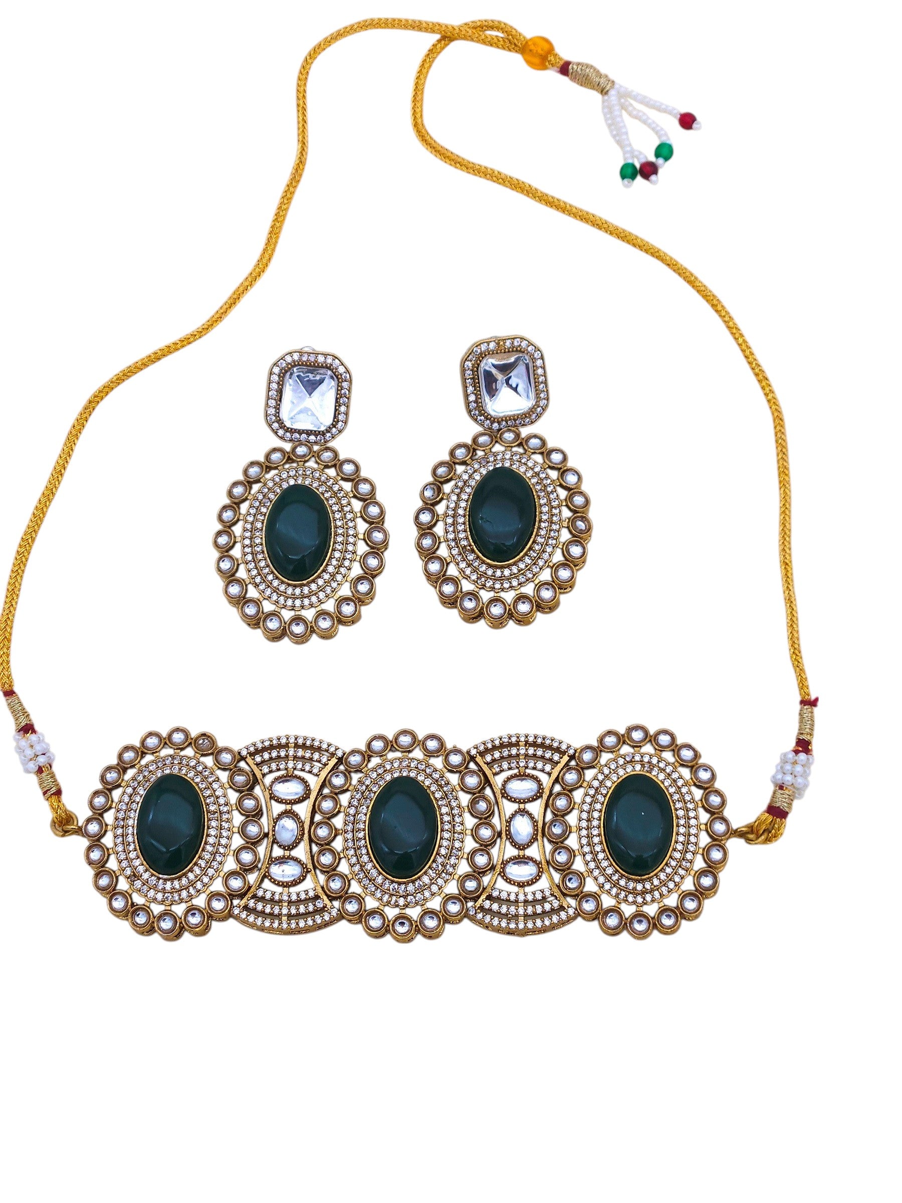 Antique gold women’s party wear choker set – artistic designer necklace with matching earrings
