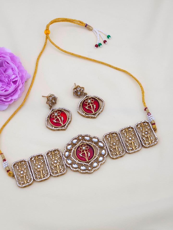 Stylish antique gold plated choker necklace and earrings – premium party wear set for fashionable women
