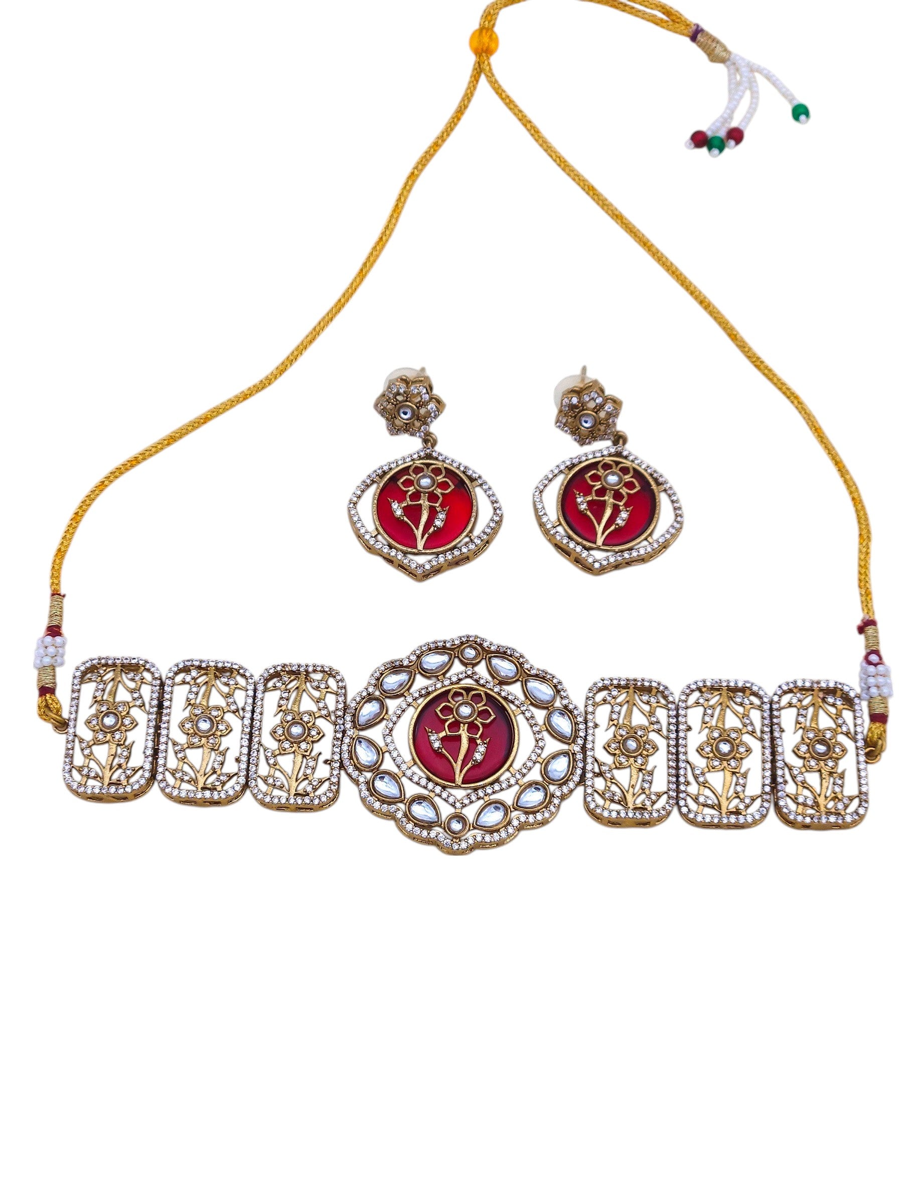 Premium antique gold choker necklace with earrings – stylish party and festive jewelry set for women
