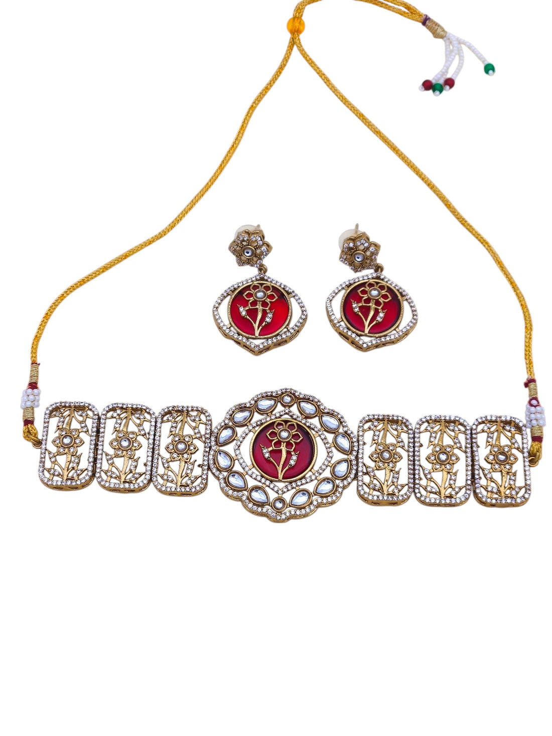 Premium antique gold choker necklace with earrings – stylish party and festive jewelry set for women
