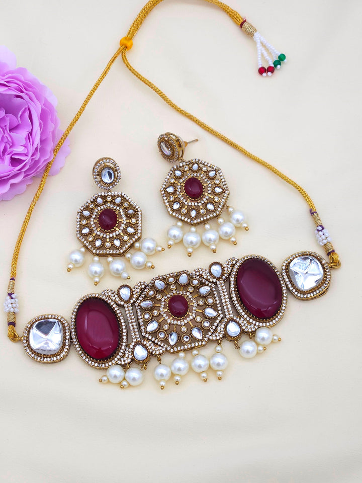 Women’s antique gold designer choker and earrings set – beautiful accessory for weddings, parties, or festive wear
