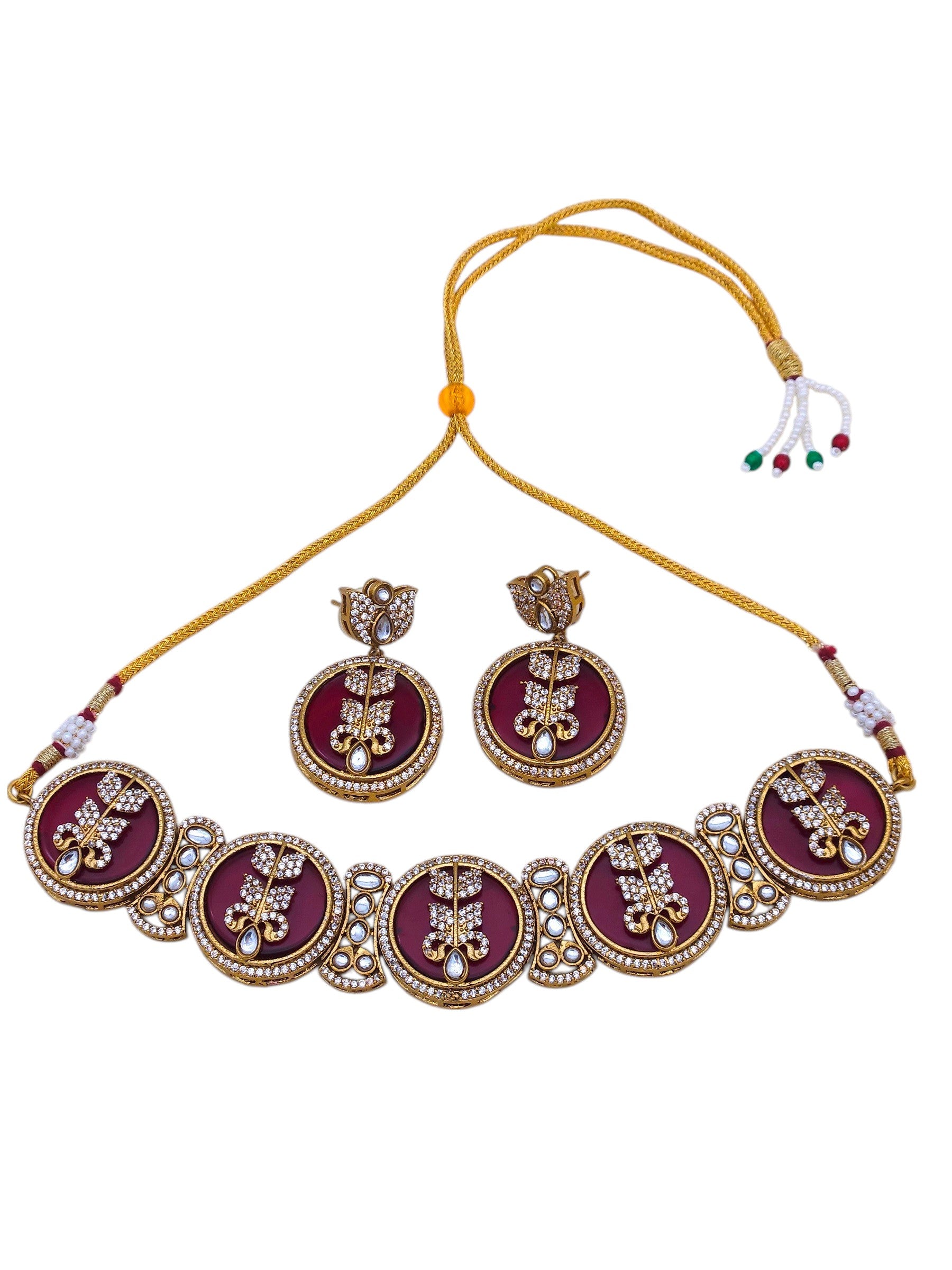 Antique-style choker necklace and earrings for women in gold plating – designer festive fashion jewelry
