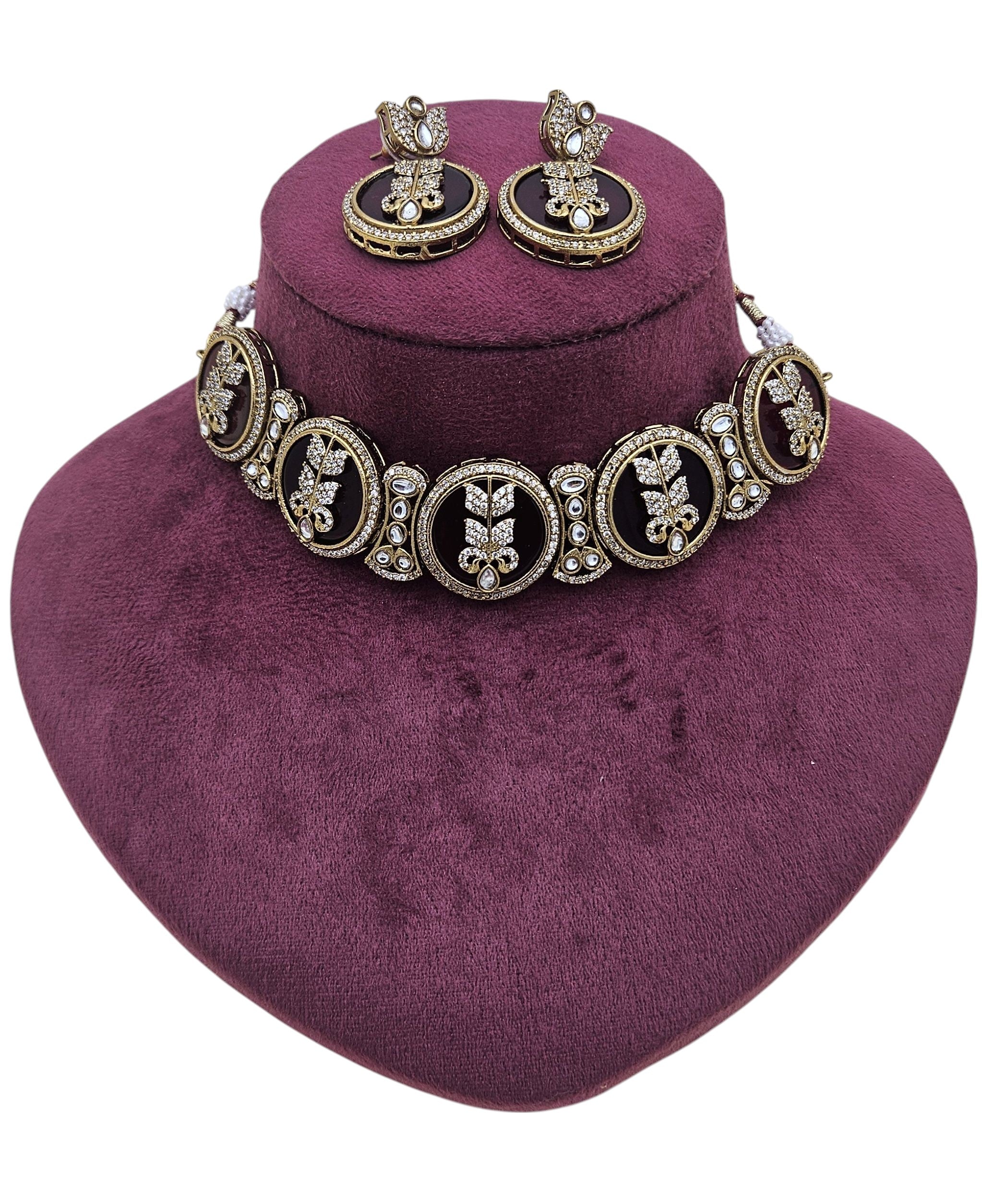 Designer antique gold plated choker necklace and earring set for women’s festive and party fashion
