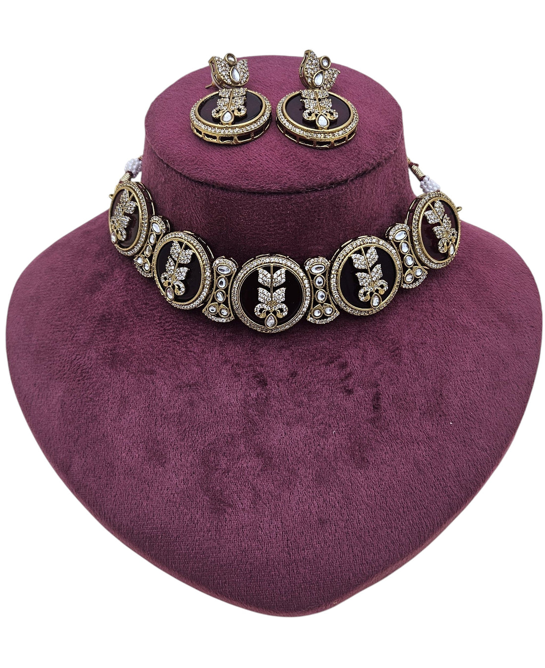 Designer antique gold plated choker necklace and earring set for women’s festive and party fashion
