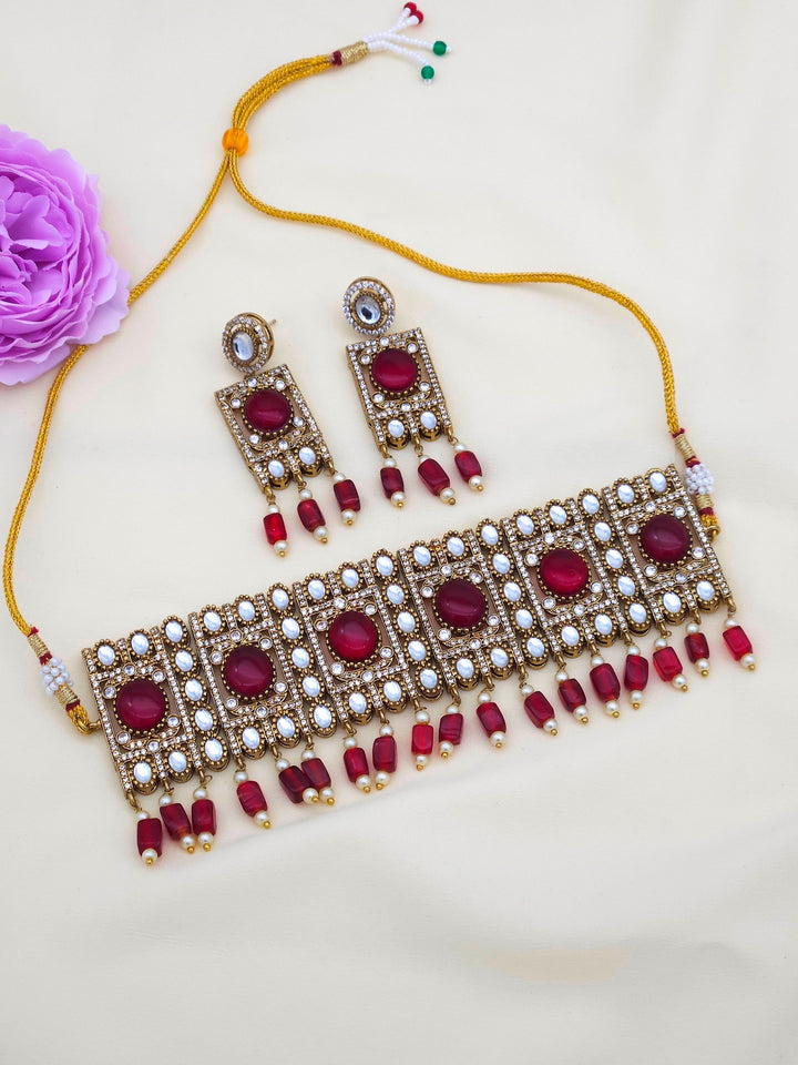 Amazing antique gold plated choker necklace with earrings – charming party wear jewellery set for women
