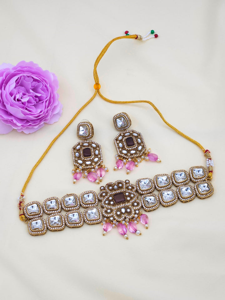 Elegant antique gold plated choker and matching earrings set – stylish and charming party wear for women
