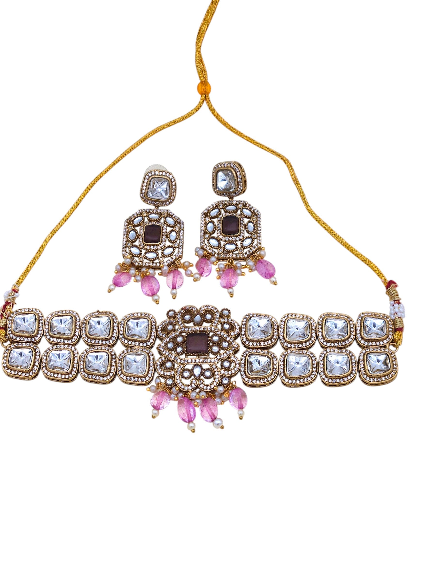 Gold plated choker necklace and matching earrings – Indian ethnic jewelry set for festive and occasion wear

