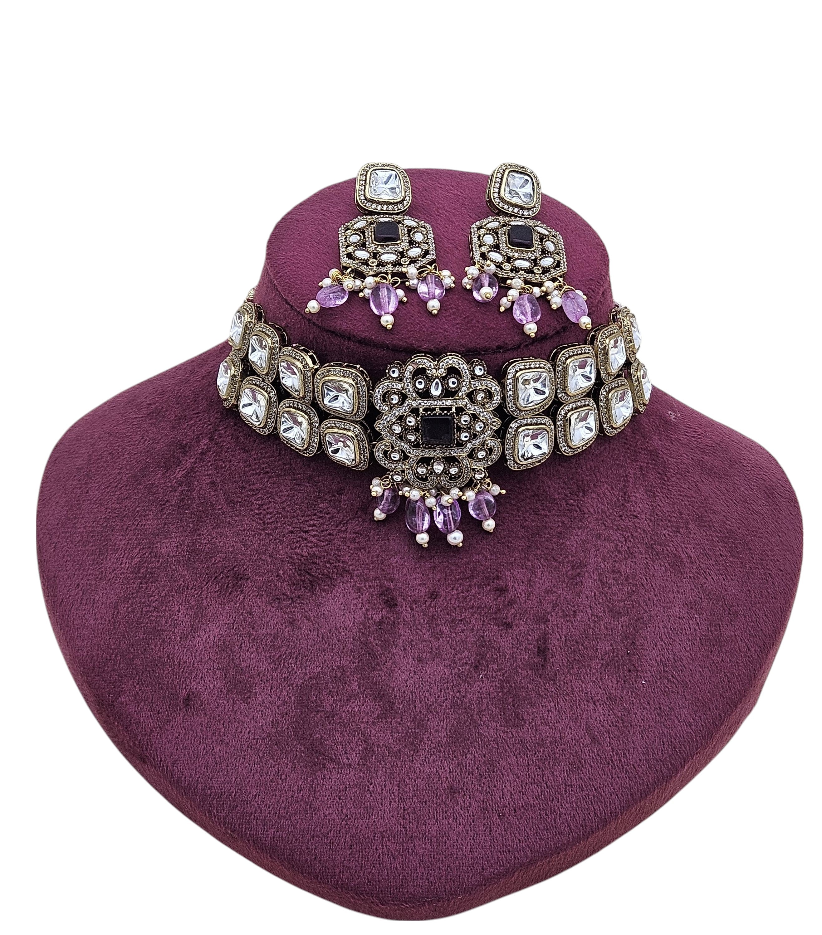 Stylish antique gold plated choker with matching earrings – ideal jewelry set for Indian weddings or celebrations
