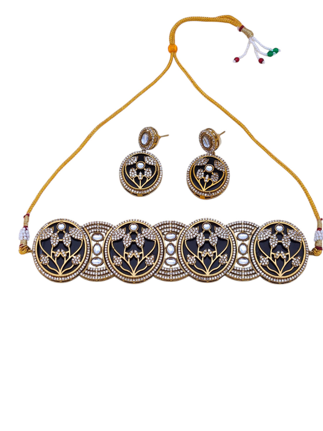 Handcrafted antique gold choker set for women, featuring intricate design work and matching earrings – party ready
