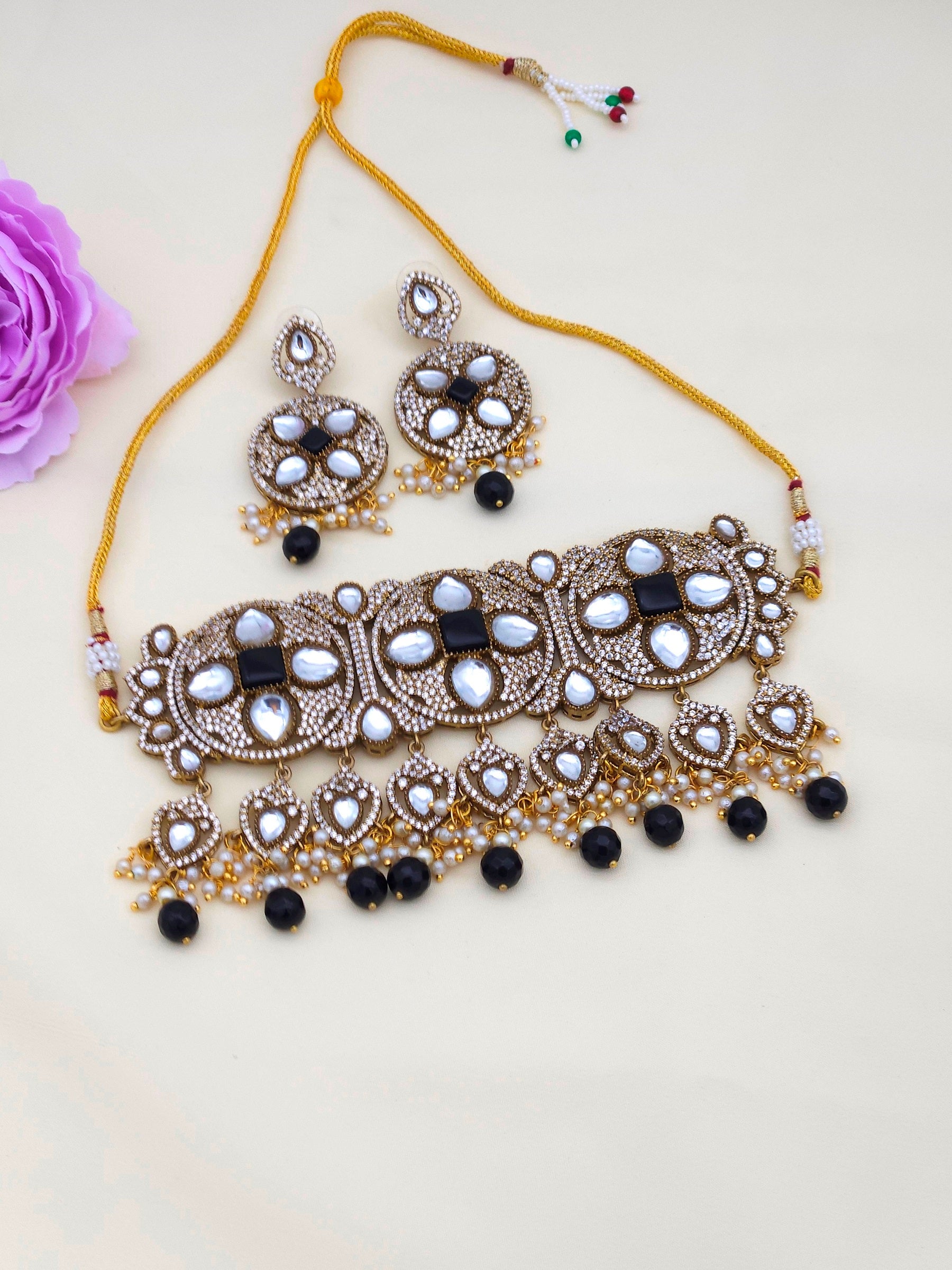 Awesome antique gold plated choker necklace and earring set for women – cute designer party wear jewelry
