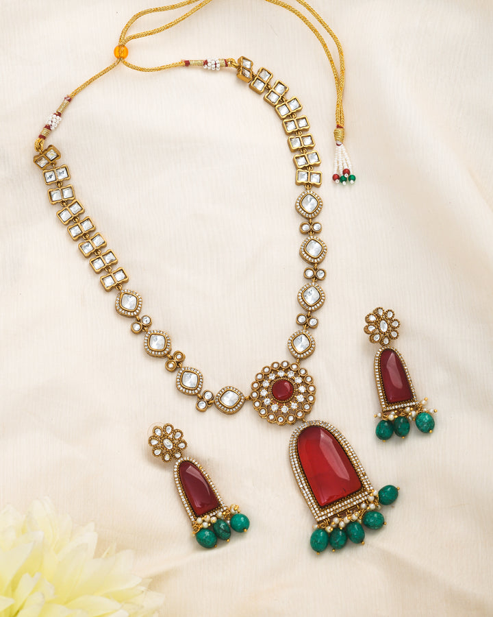 Handcrafted AD Polky glass stone long necklace-earring set in statement style
