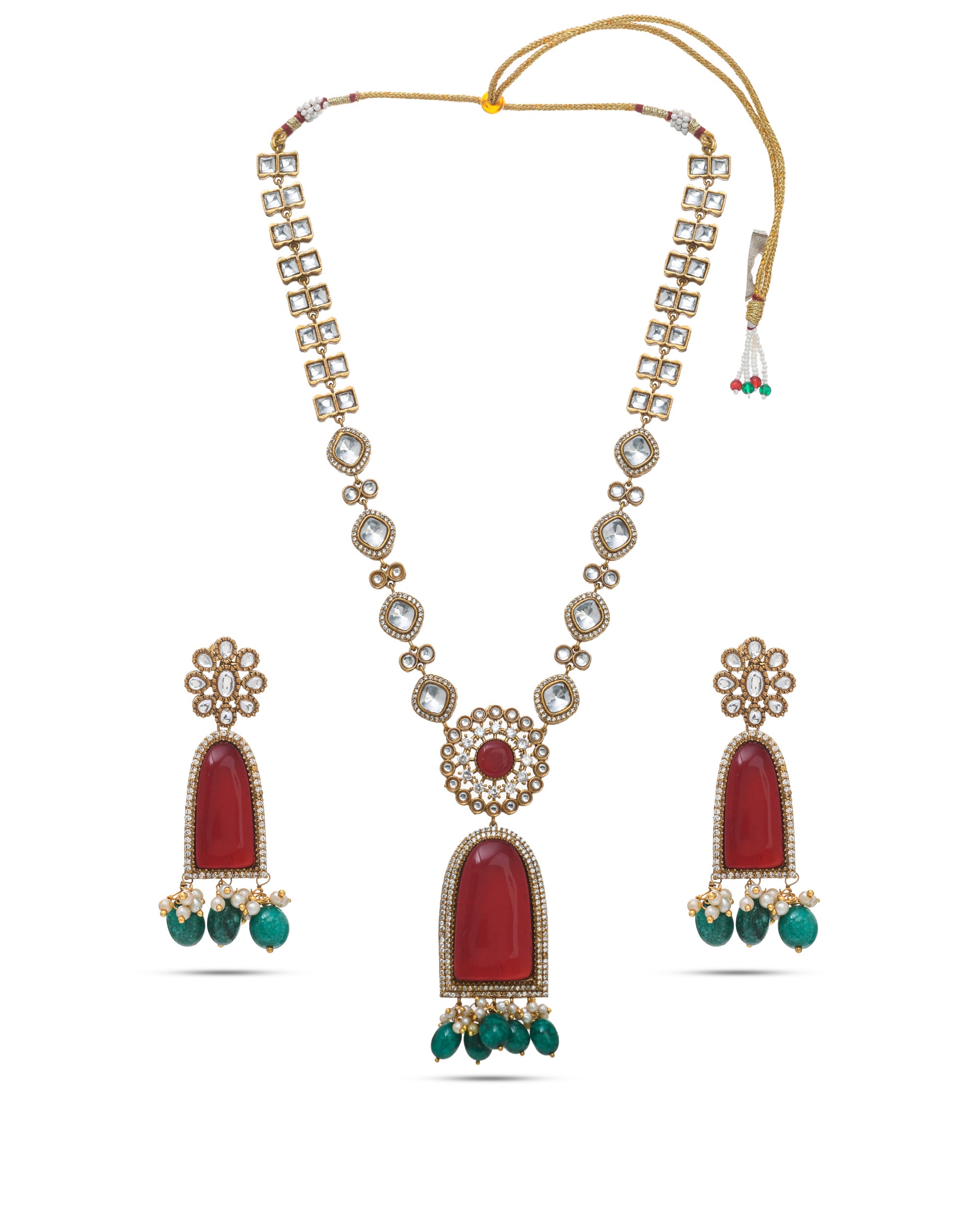 Bold handcrafted AD Polky glass stone jewelry set with long necklace and earrings for ethnic events
