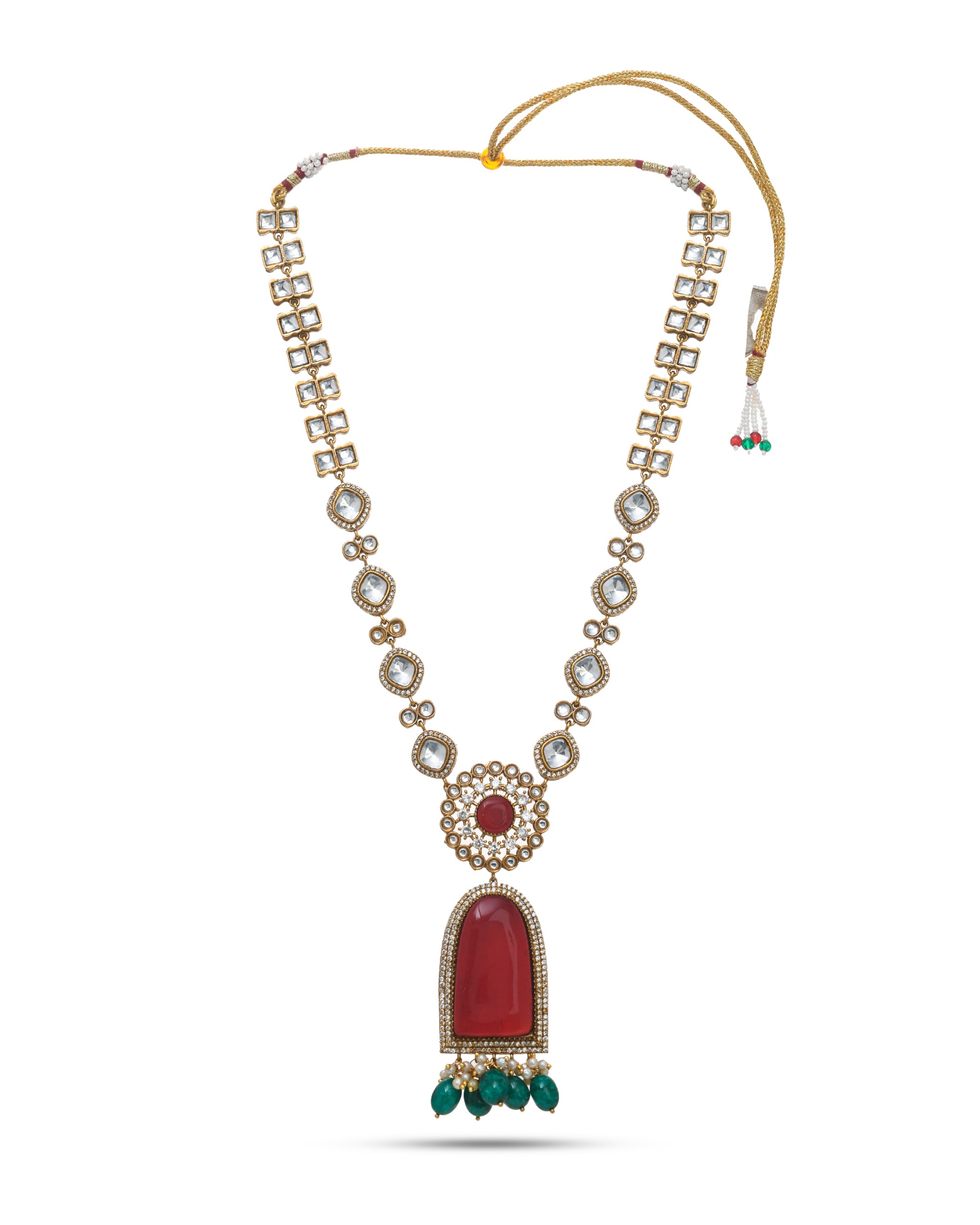 Handcrafted ethnic necklace featuring luminous AD Polky glass stones, designed to captivate at celebrations

