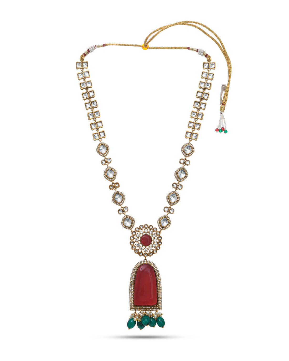 Handcrafted ethnic necklace featuring luminous AD Polky glass stones, designed to captivate at celebrations
