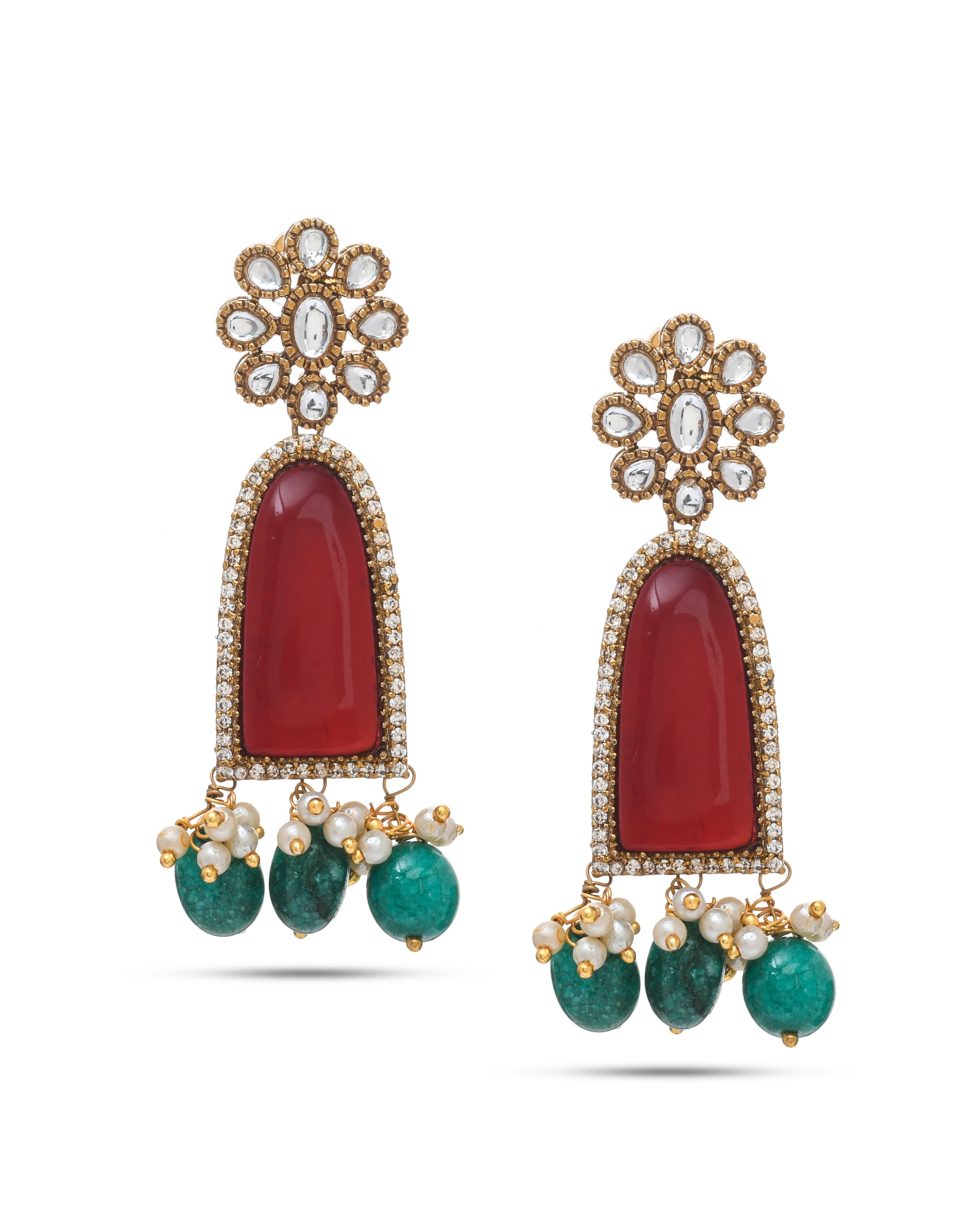 Bold handcrafted AD Polky earrings, sparkling with glass stones for a striking ethnic ensemble
