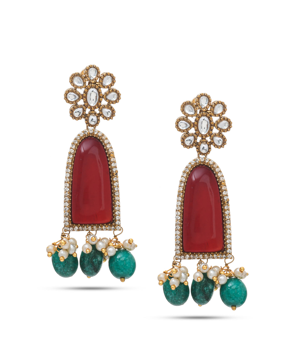 Bold handcrafted AD Polky earrings, sparkling with glass stones for a striking ethnic ensemble
