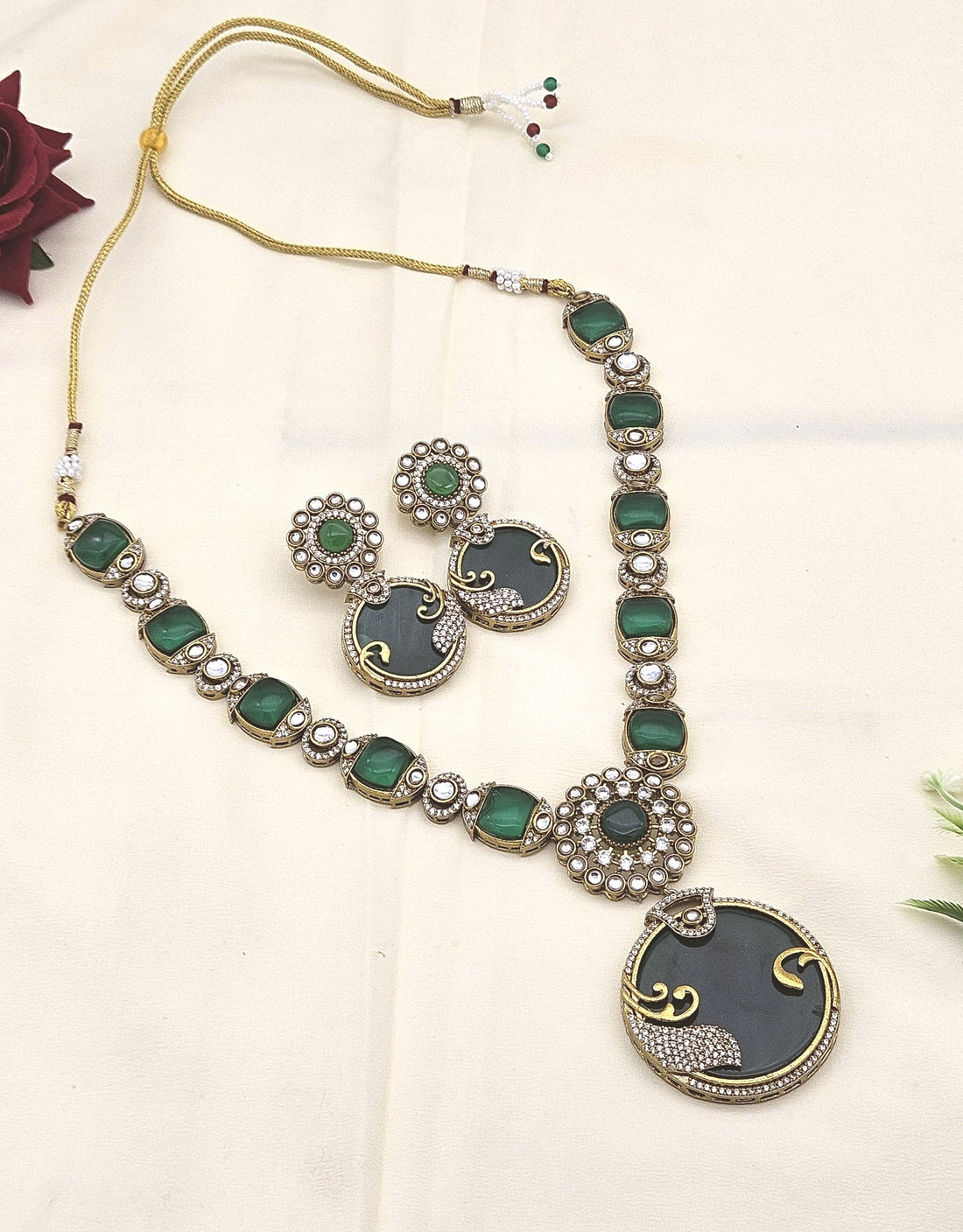 Designer antique gold AD-Polky jewelry set – stunning necklace and earrings for bridal, festive and party occasions
