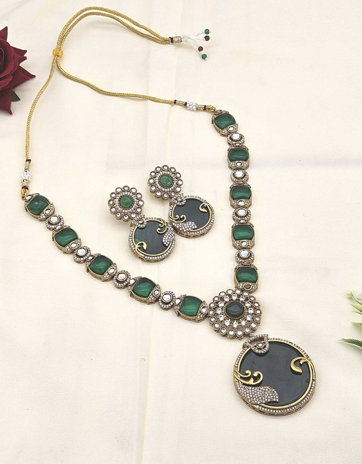 Designer antique gold AD-Polky jewelry set – stunning necklace and earrings for bridal, festive and party occasions
