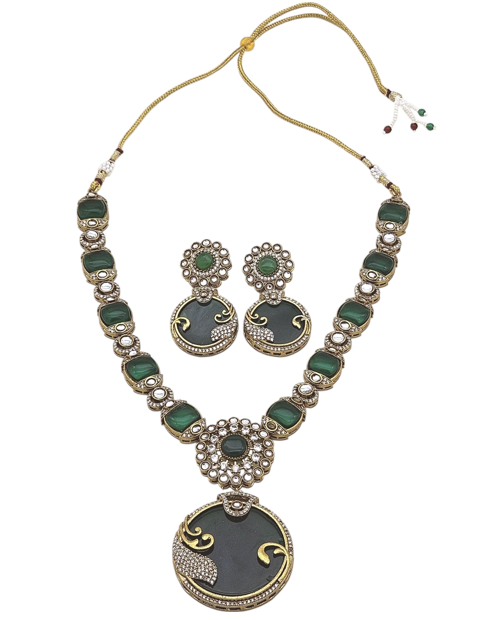 Antique gold-plated AD-Polky necklace and earring set designed for bridal, festive, and special occasion wear
