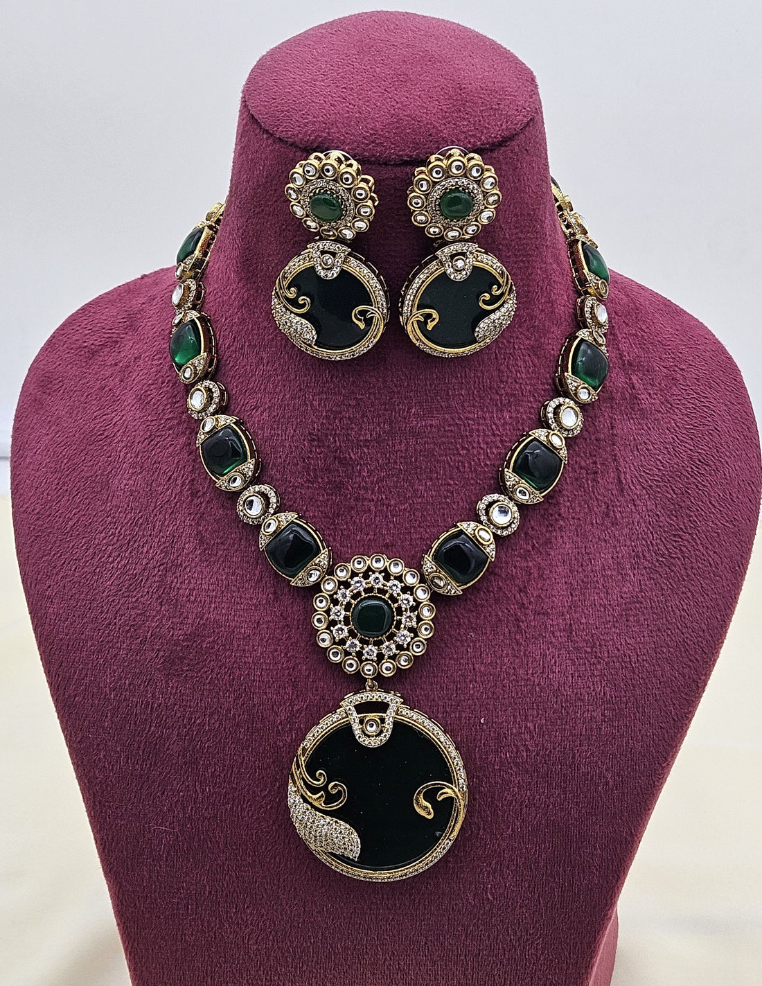 Designer antique gold AD-Polky jewelry set with necklace and earrings for bridal, festive, and party occasions

