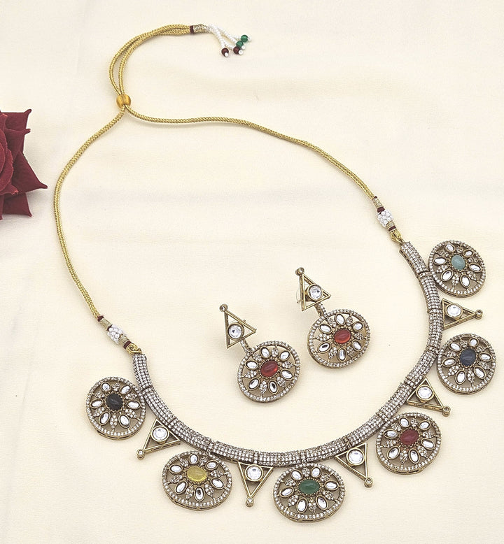 Handcrafted antique gold AD-Polky jewelry set – stunning necklace and earring combo for traditional or party occasions
