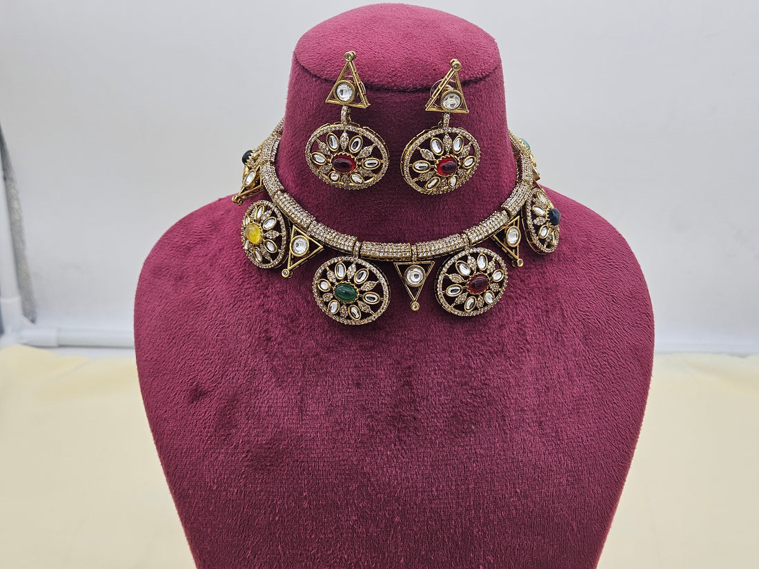Elegant antique gold necklace and earring combo adorned with Polky and American diamonds, perfect for celebrations
