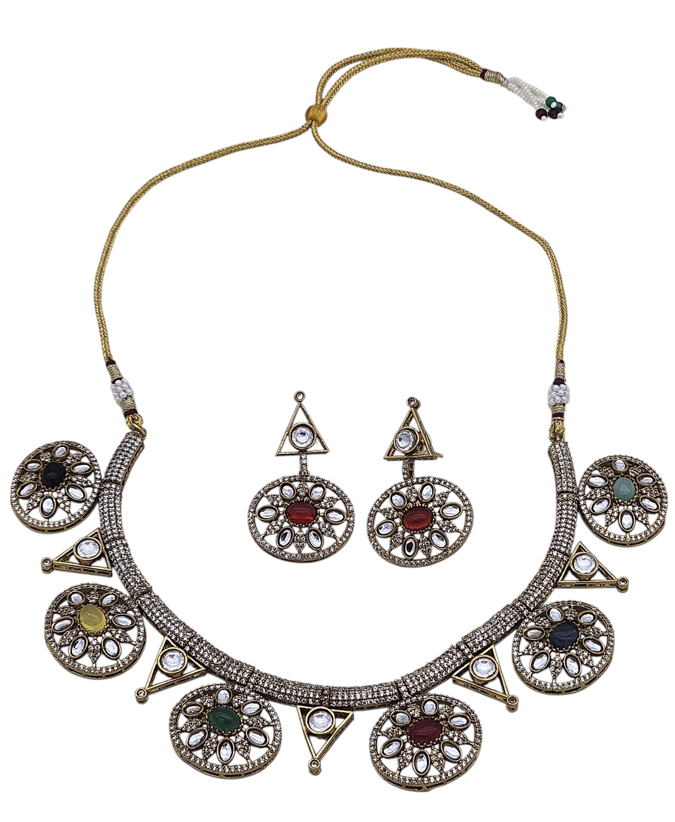 Traditional handcrafted necklace and earrings in antique gold with Polky and AD stones for ethnic and party wear
