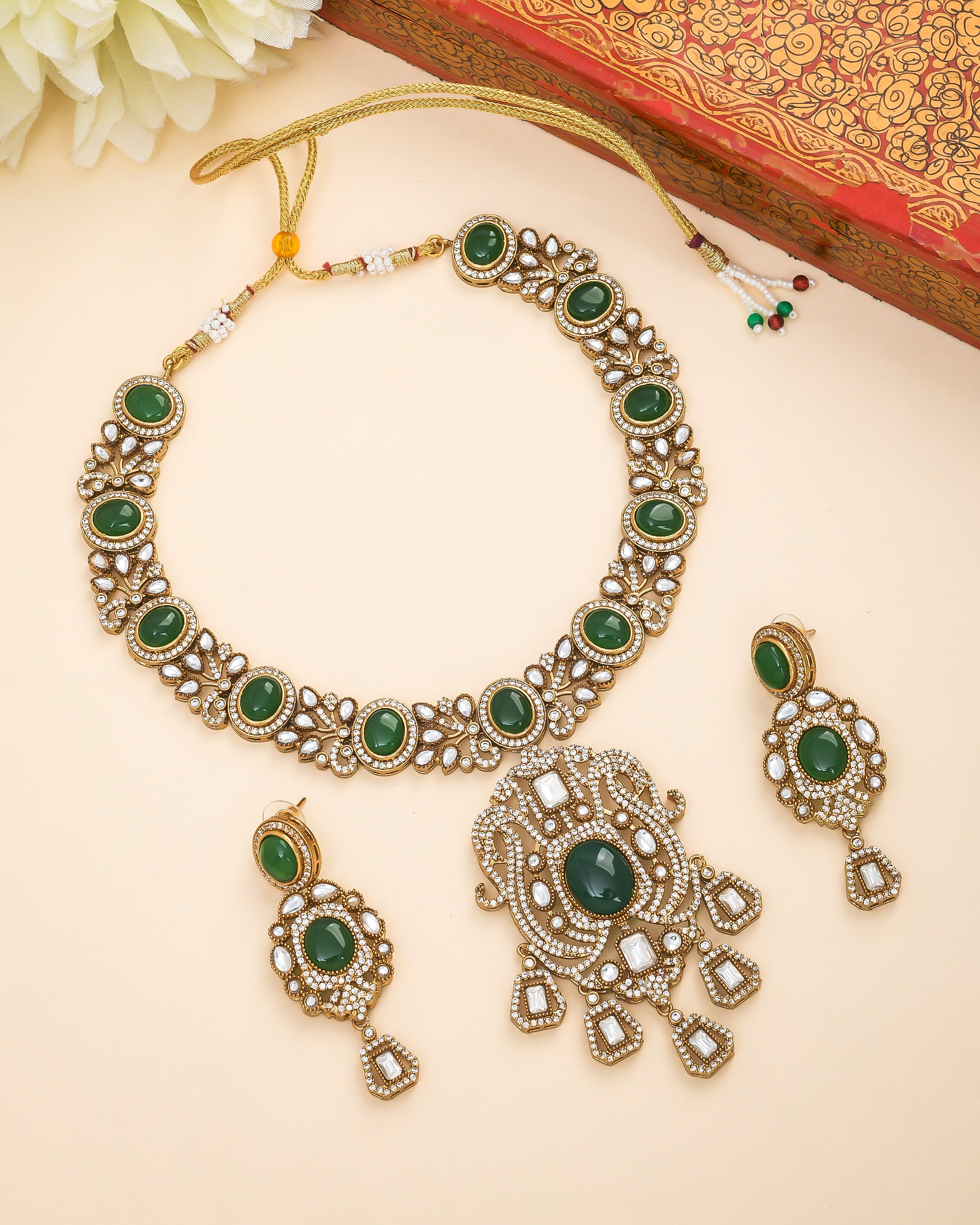 Elegant AD Polky glass stone necklace and matching earrings, perfect for parties

