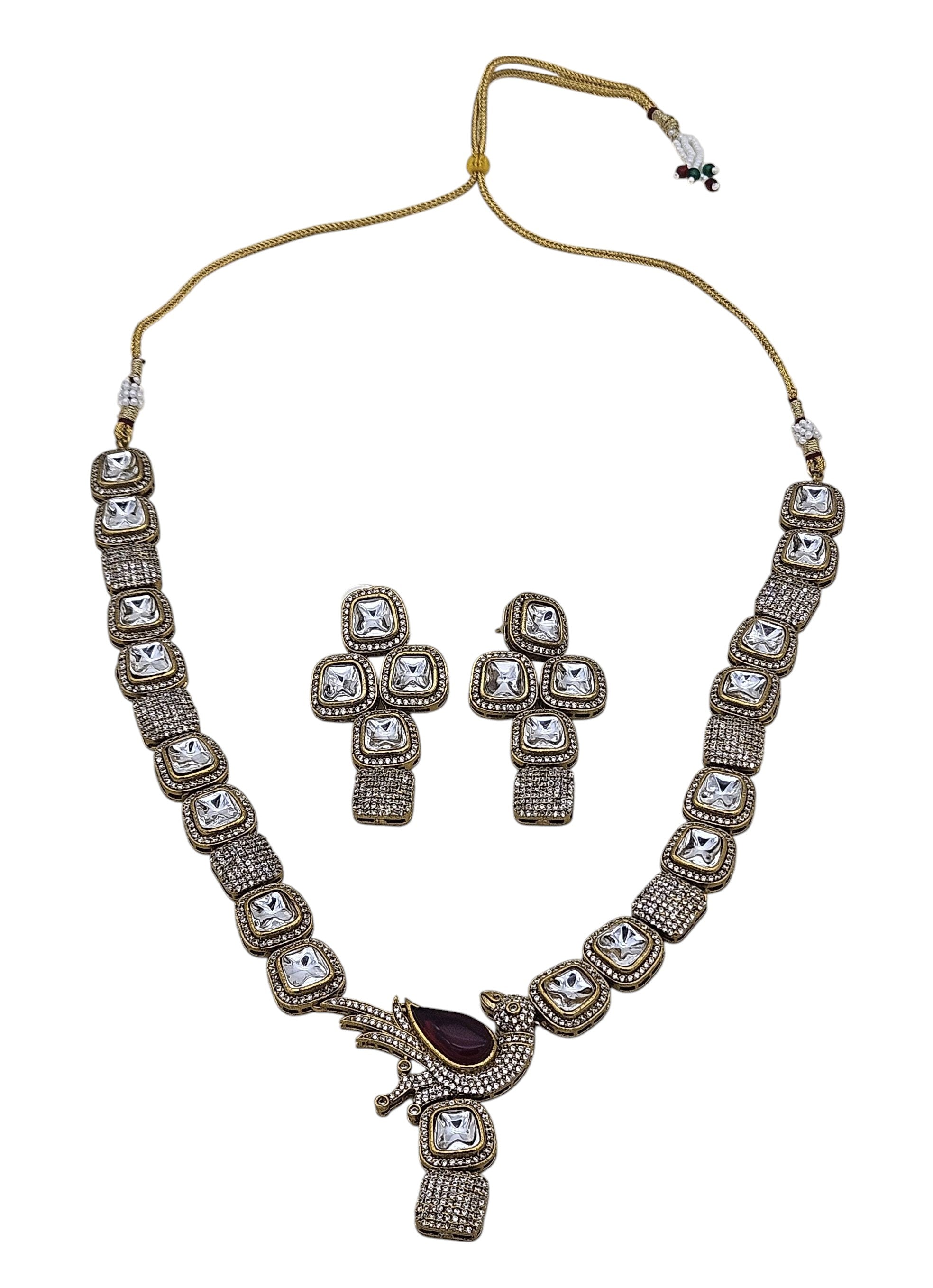 Designer gold-plated Polky AD necklace with matching earrings, ideal for ethnic celebrations and bridal events
