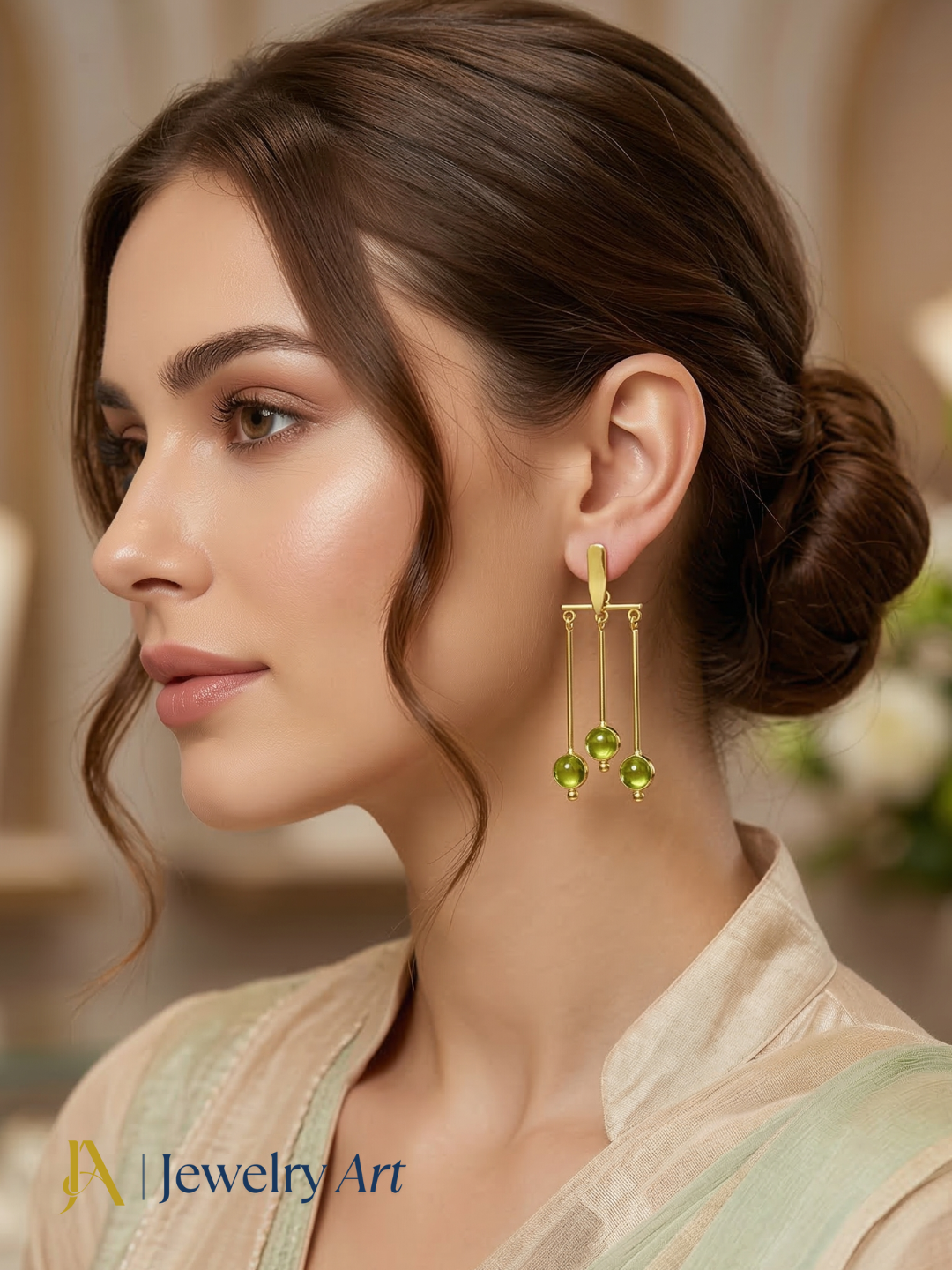 Desginer gold plated peridot color glass stone dangle earrings-light weight designer hanging jewelry
