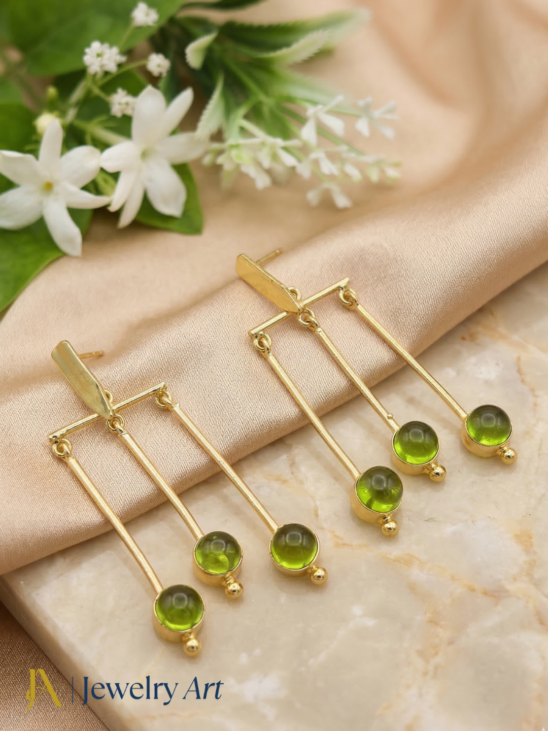 Desginer gold plated peridot color glass stone dangle earrings-light weight designer hanging jewelry
