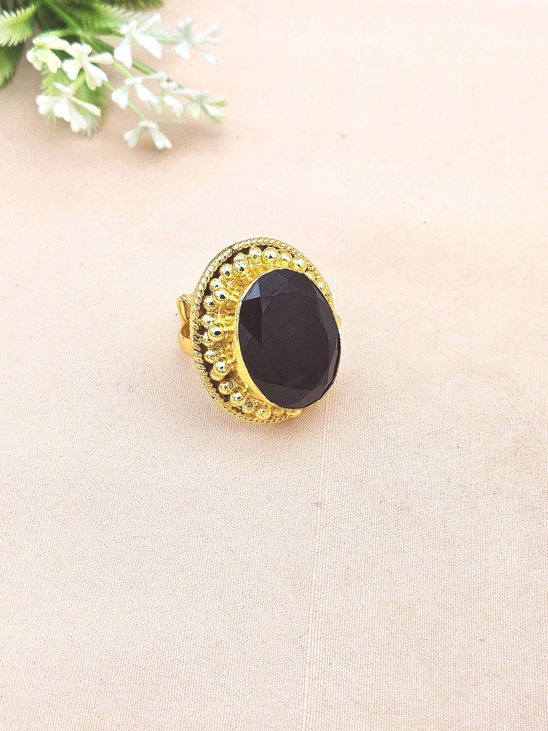 Elegant Gold plated Black Onyx Ring for Women - Handmade Designer Statement Ring