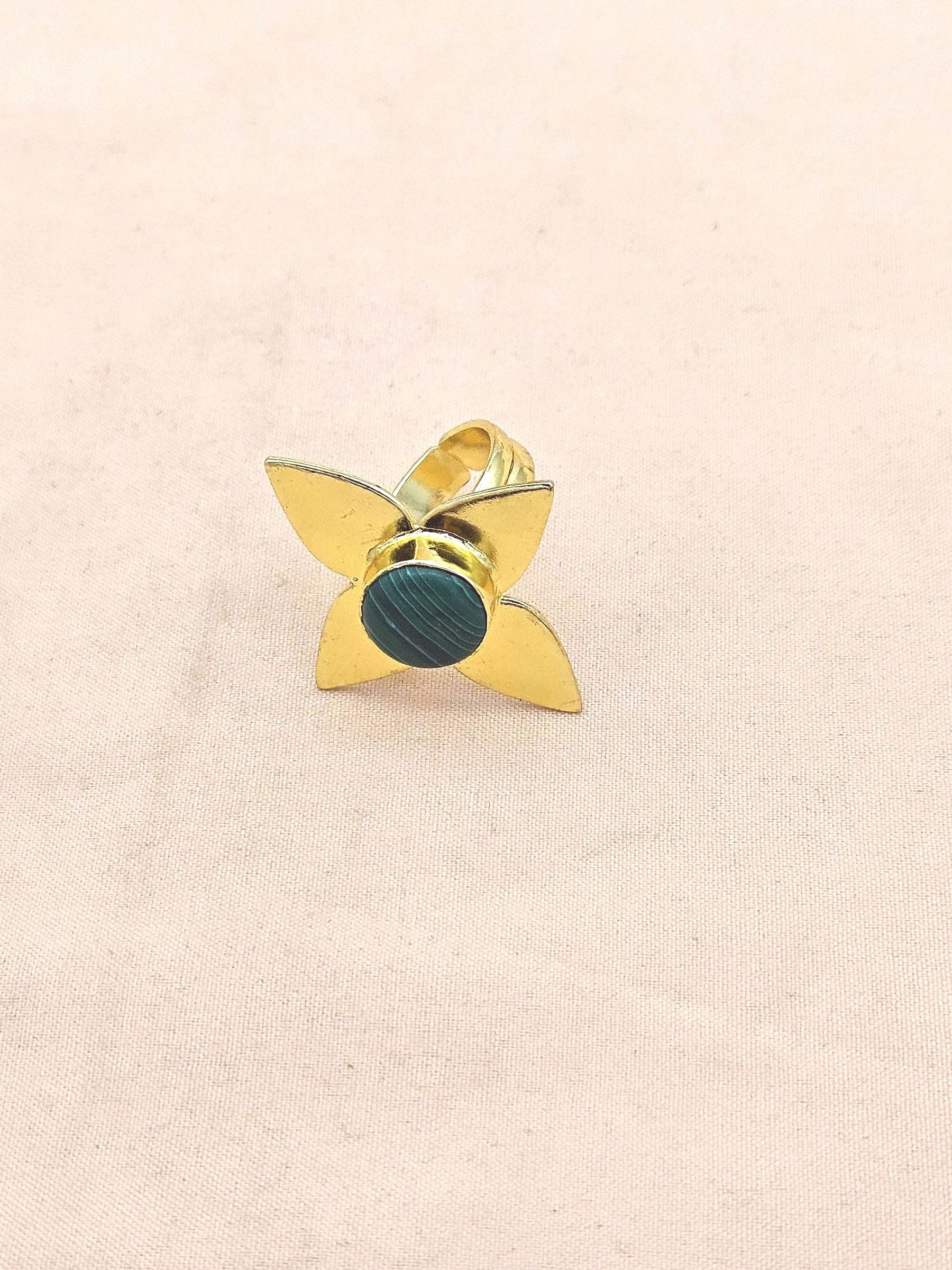 Awesome Gold plated Malachite Stone Charming Leaf Designer US 8 Adjustable Finger Ring