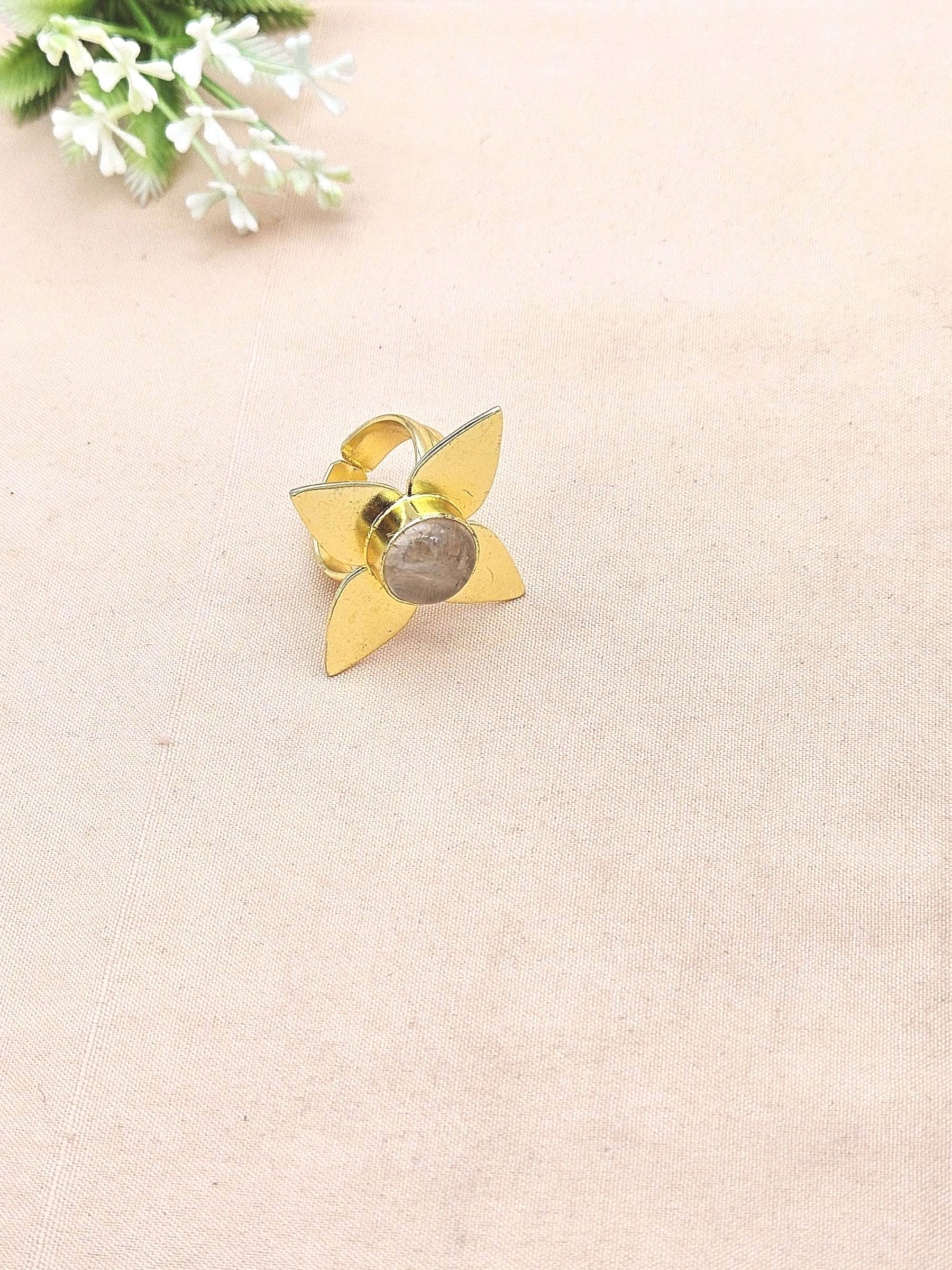 Awesome Gold plated Rose Quartz Stone Charming Leaf Designer US 8 Adjustable Finger Ring
