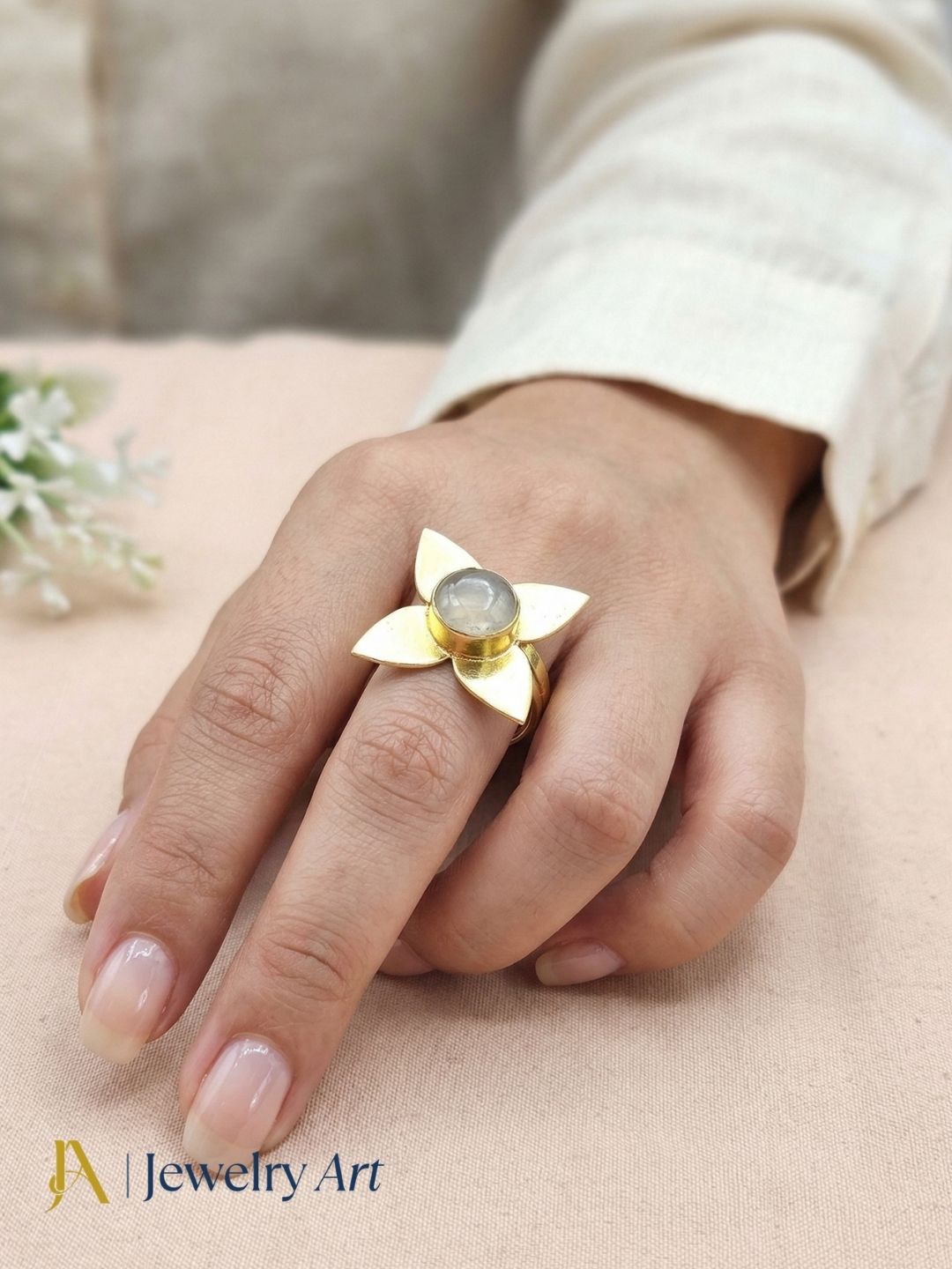 Awesome Gold plated Prehnite Charming Leaf Designer US 7 Adjustable Finger Ring