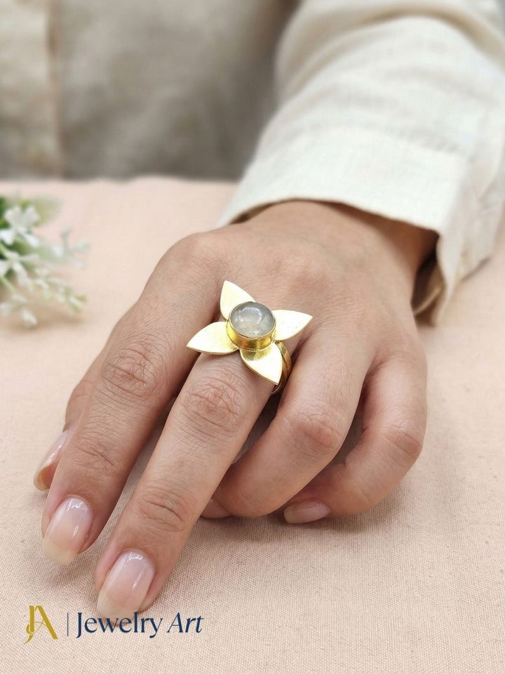 Awesome Gold plated Prehnite Charming Leaf Designer US 7 Adjustable Finger Ring
