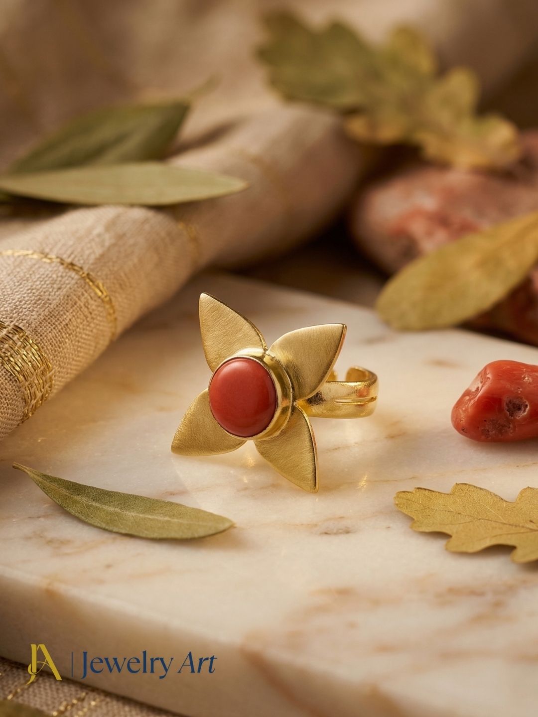 Awesome Gold plated Coral Charming Leaf Designer US 7.5 Adjustable Finger Ring