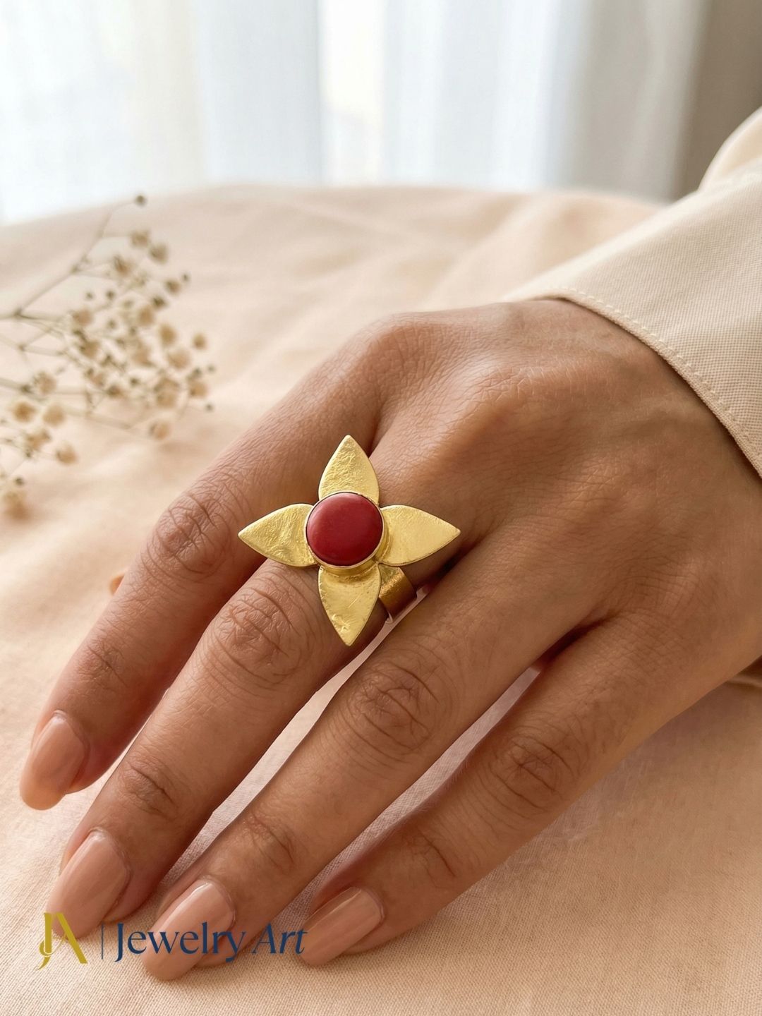 Designer Gold plated  Leaf Ring with Coral stone, adjustable US 7.5 trendy statement Jewelry
