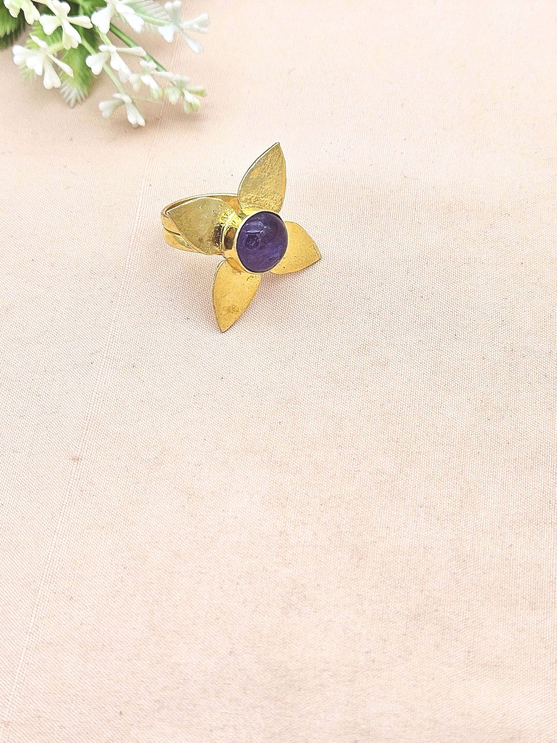 Awesome Gold plated Amethyst Charming Leaf Designer US 7.5 Adjustable Finger Ring