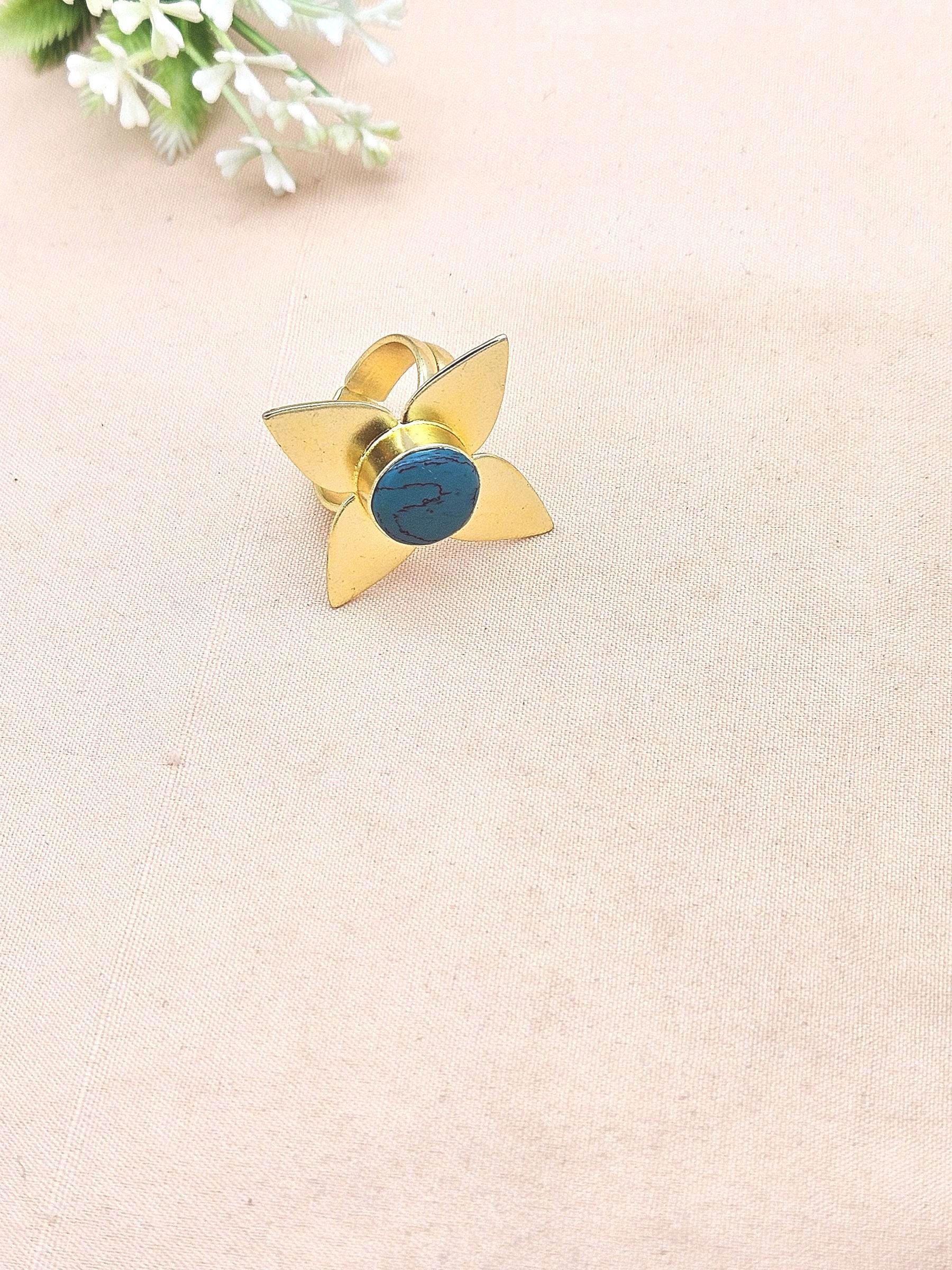 Awesome Gold plated Turquoise Charming Leaf Designer US 7.5 Adjustable Finger Ring