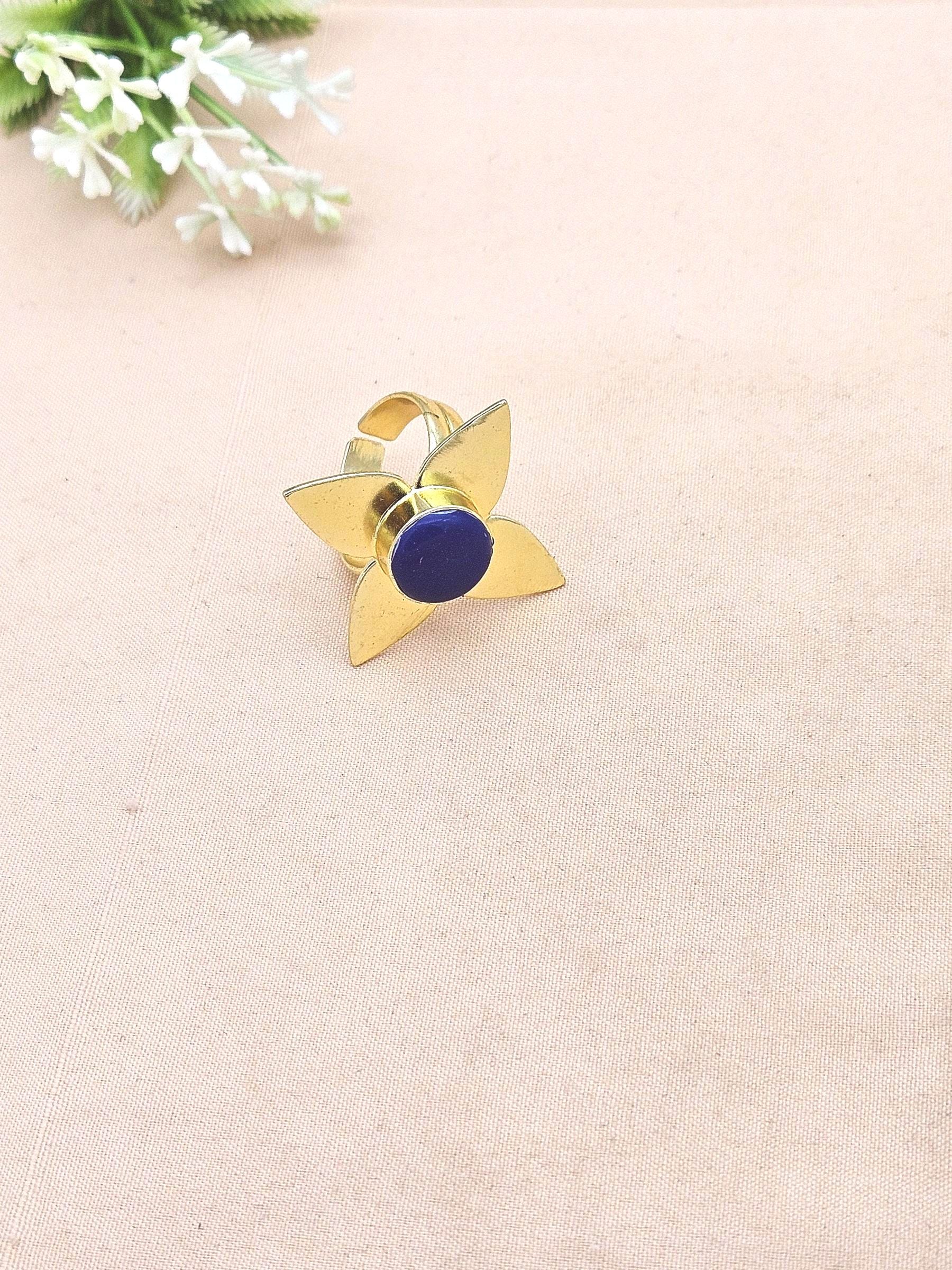 Awesome Gold plated Blue Glass Charming Leaf Designer US 7 Adjustable Finger Ring