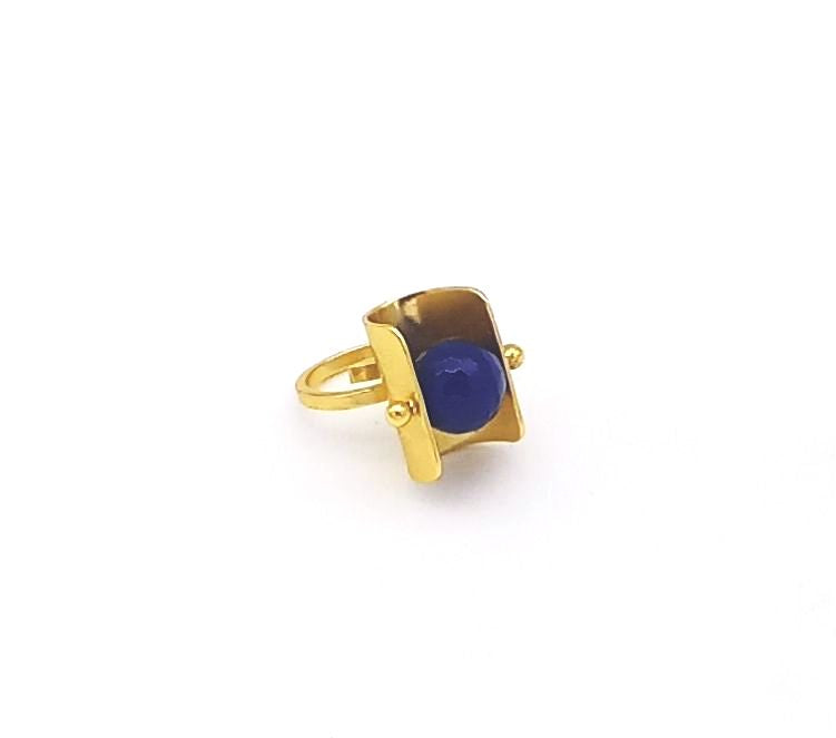 Handmade Gold plated Dark Blue Onyx Ring - Stylish statement Ring for Women